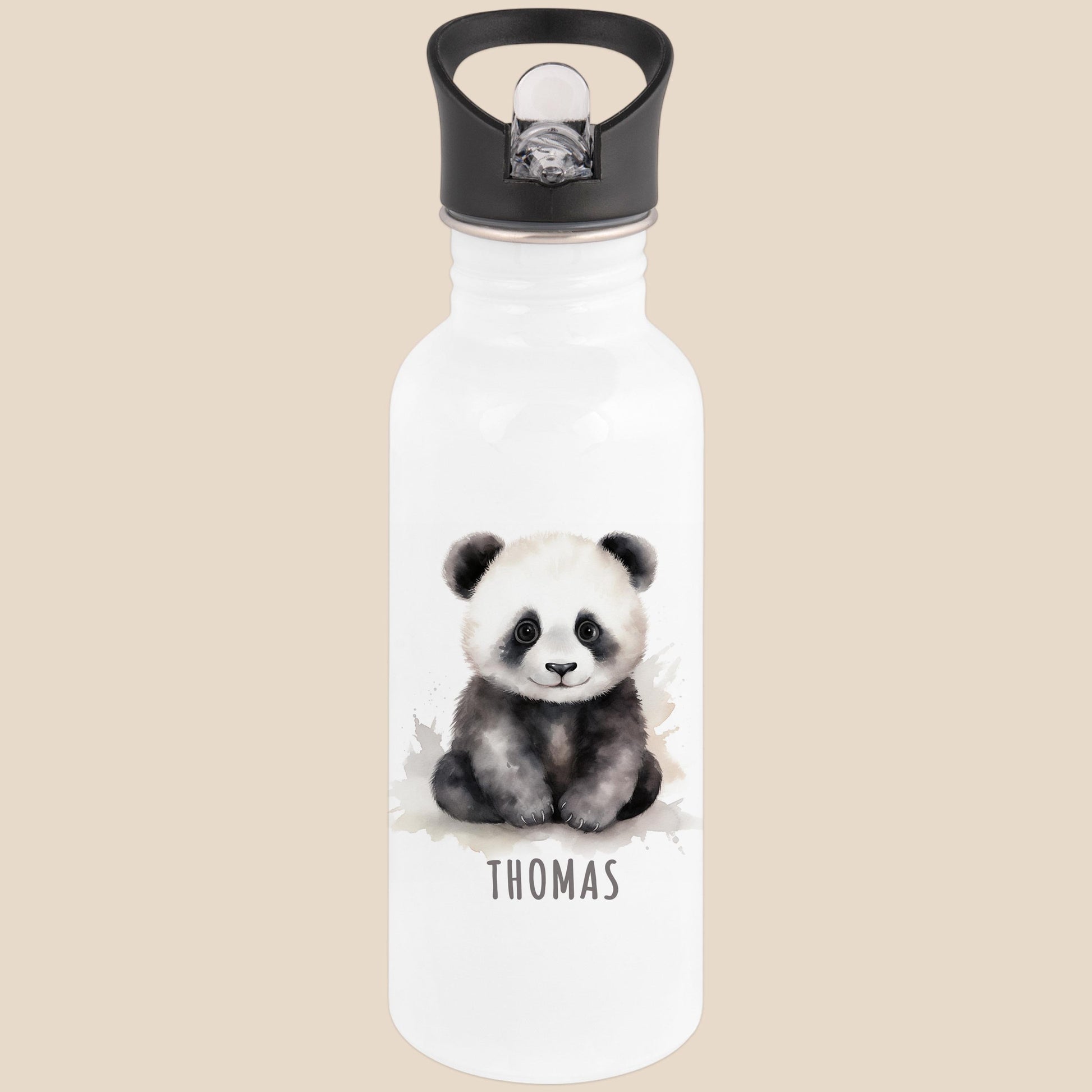 Trinkflasche Kinder personalisiert mit Namen Panda Edelstahl Flasche mit Strohhalm Wasserflasche für Schule Kindergarten 600 ml