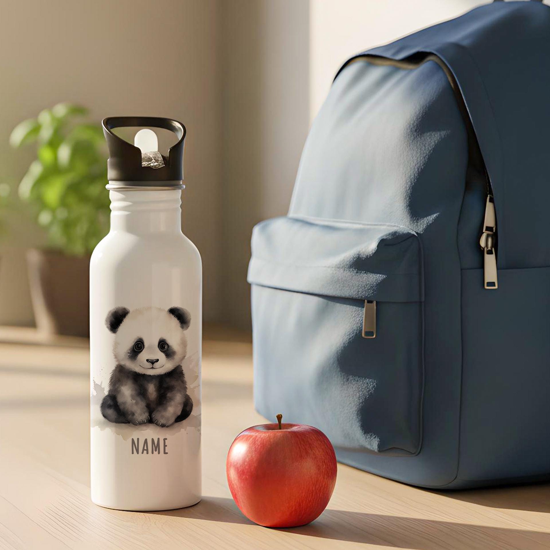 Trinkflasche Kinder personalisiert mit Namen Panda Edelstahl Flasche mit Strohhalm Wasserflasche für Schule Kindergarten 600 ml