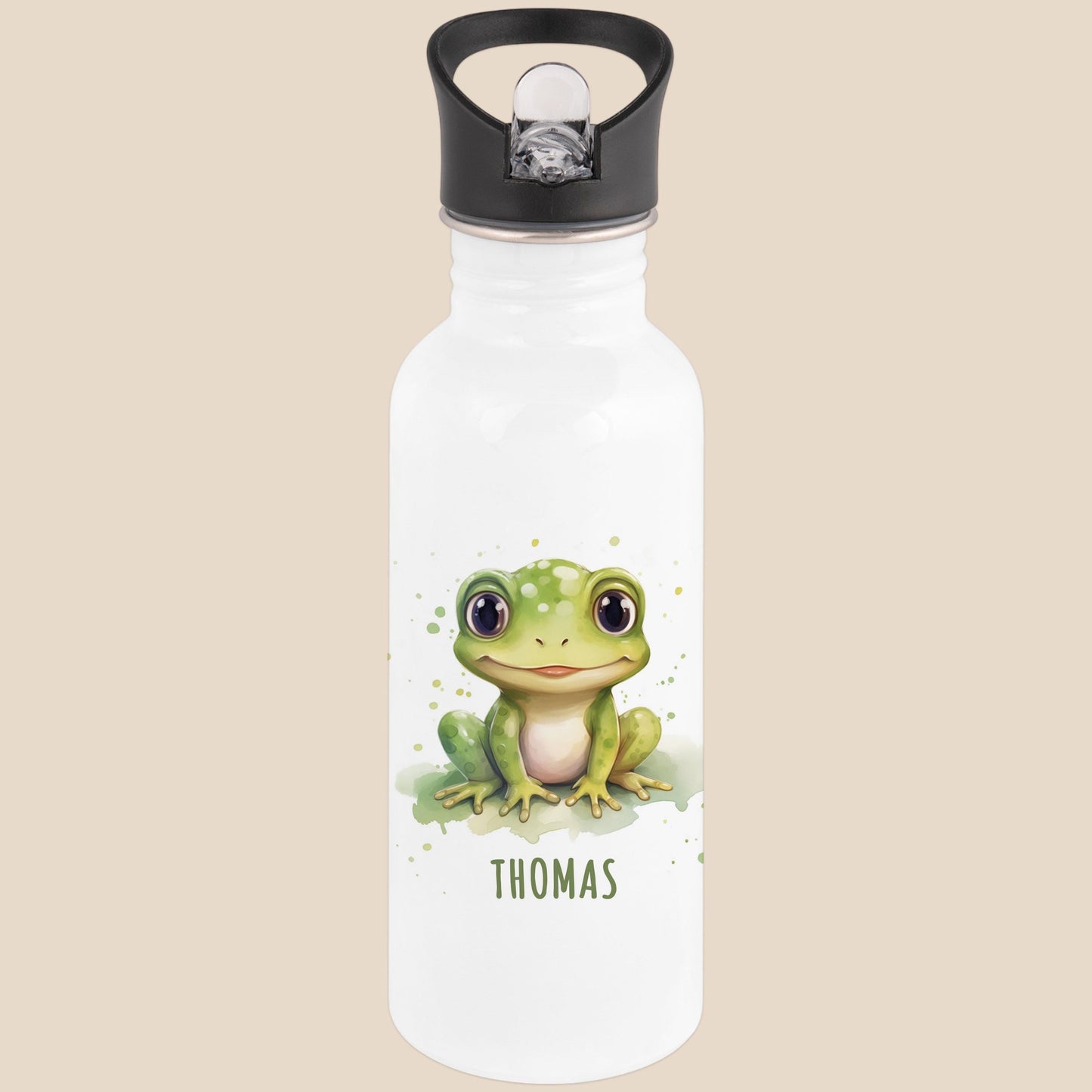 Trinkflasche Kinder personalisiert mit Namen Frosch Edelstahl Flasche mit Strohhalm Wasserflasche für Schule Kindergarten 600 ml