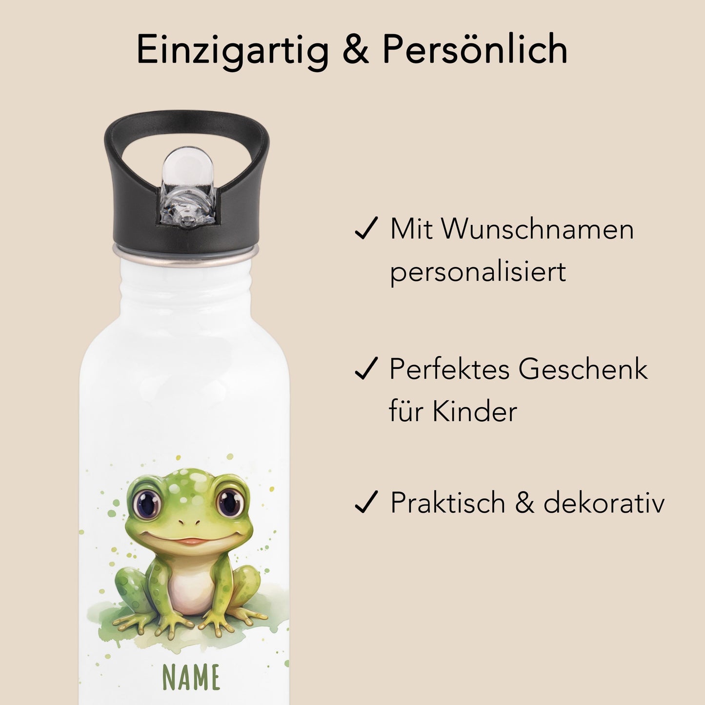 Trinkflasche Kinder personalisiert mit Namen Frosch Edelstahl Flasche mit Strohhalm Wasserflasche für Schule Kindergarten 600 ml