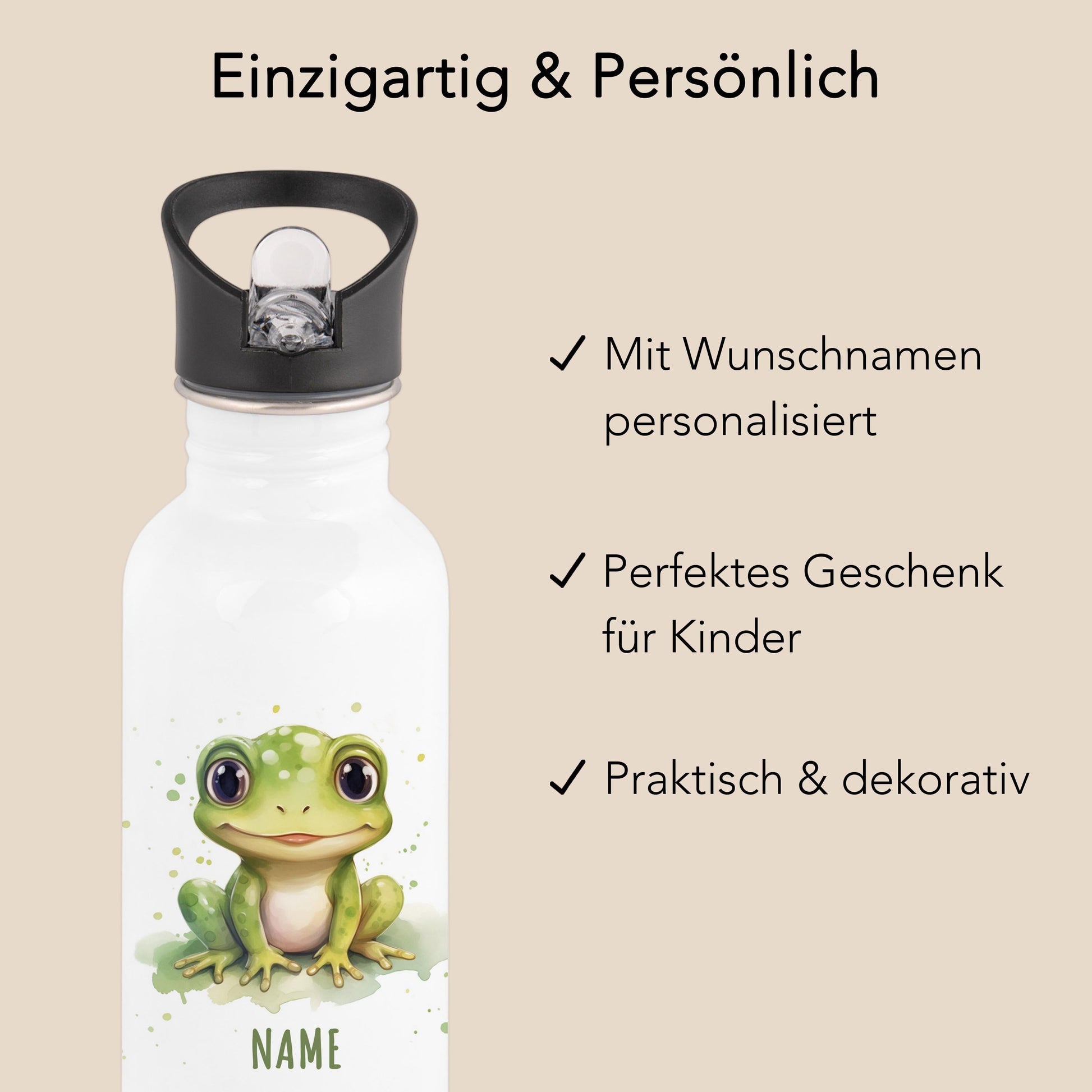 Trinkflasche Kinder personalisiert mit Namen Frosch Edelstahl Flasche mit Strohhalm Wasserflasche für Schule Kindergarten 600 ml