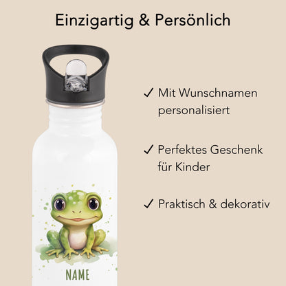 Trinkflasche Kinder personalisiert mit Namen Frosch Edelstahl Flasche mit Strohhalm Wasserflasche für Schule Kindergarten 600 ml
