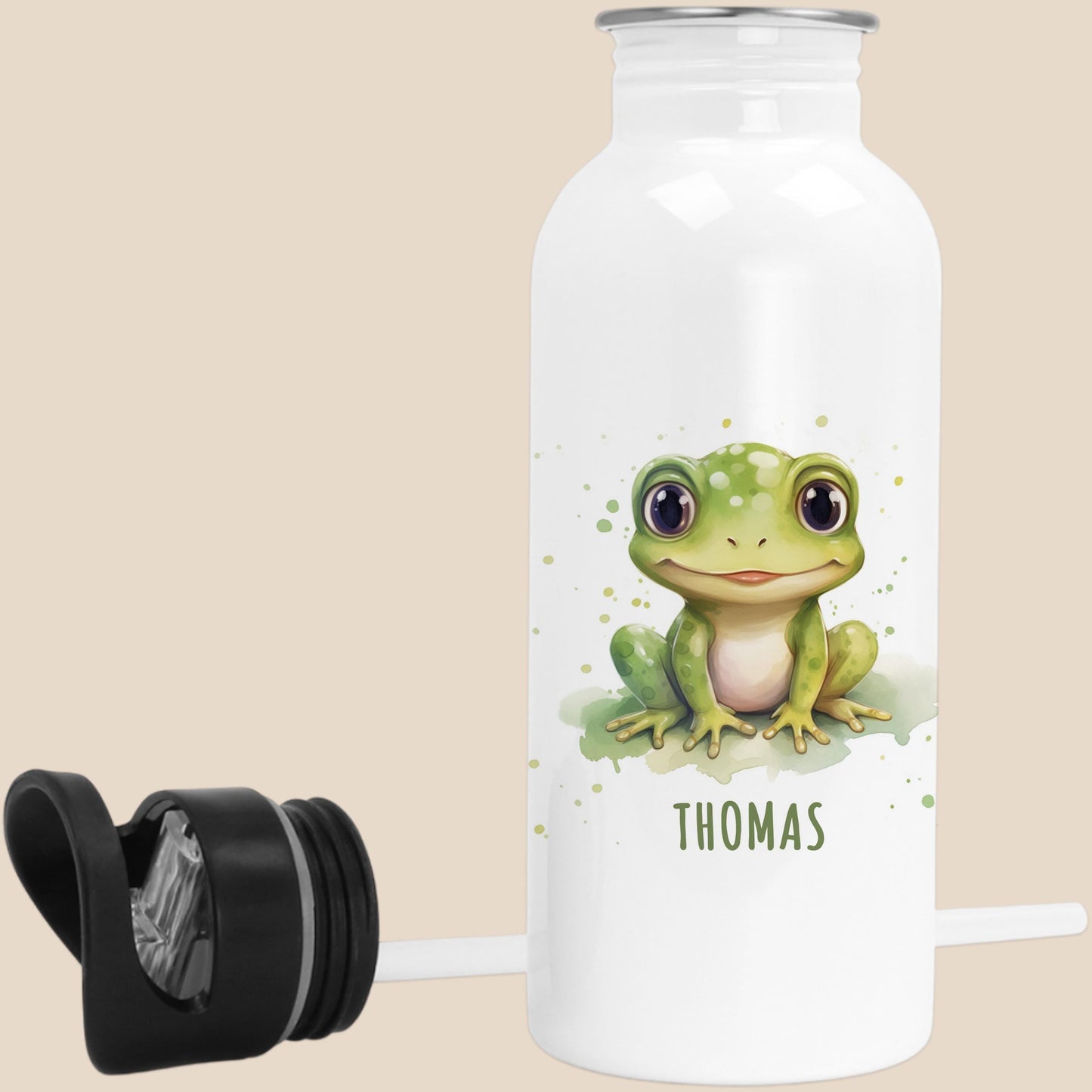 Trinkflasche Kinder personalisiert mit Namen Frosch Edelstahl Flasche mit Strohhalm Wasserflasche für Schule Kindergarten 600 ml