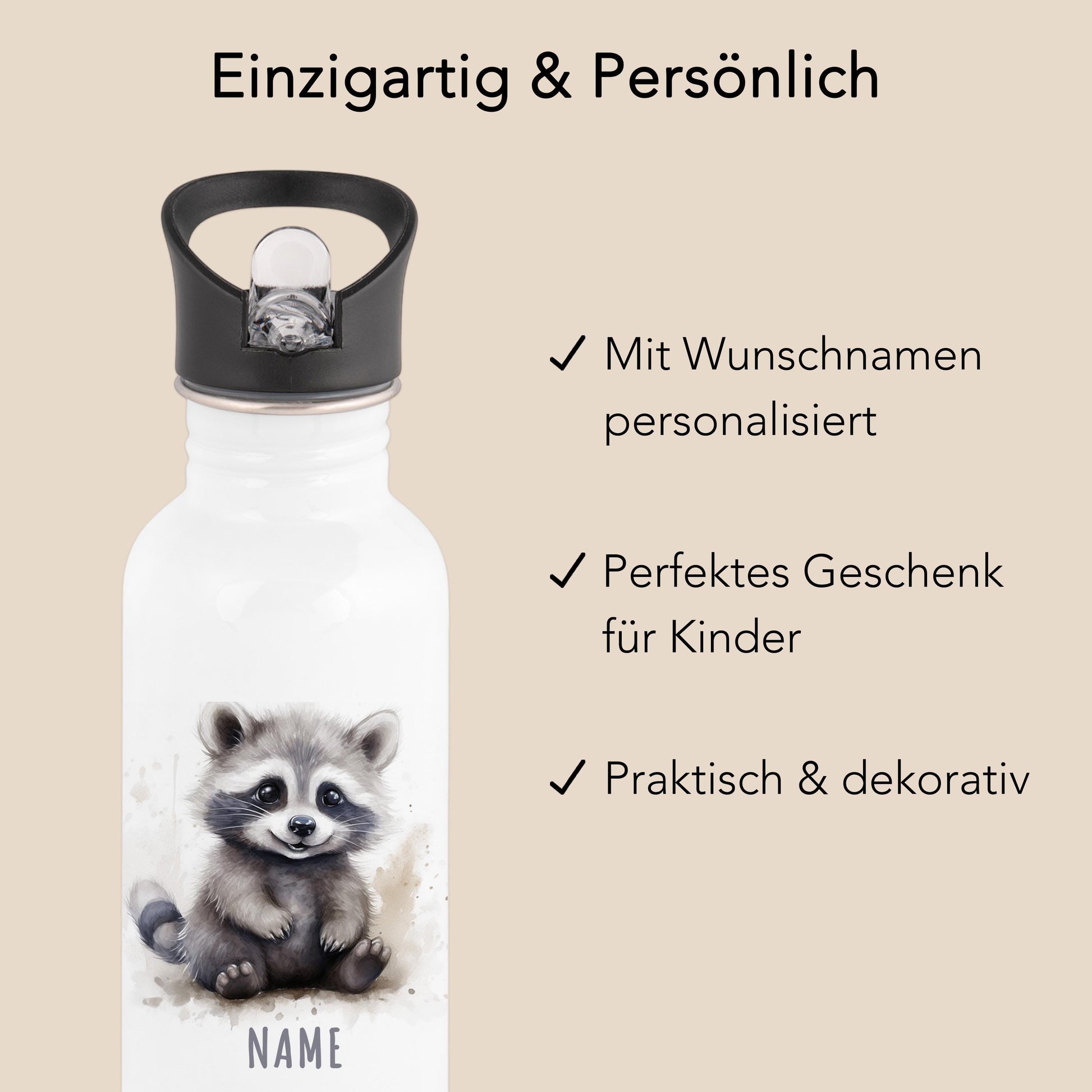 Trinkflasche Kinder personalisiert mit Namen Waschbär Edelstahl Flasche mit Strohhalm Wasserflasche für Schule Kindergarten 600 ml
