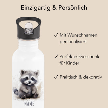 Trinkflasche Kinder personalisiert mit Namen Waschbär Edelstahl Flasche mit Strohhalm Wasserflasche für Schule Kindergarten 600 ml