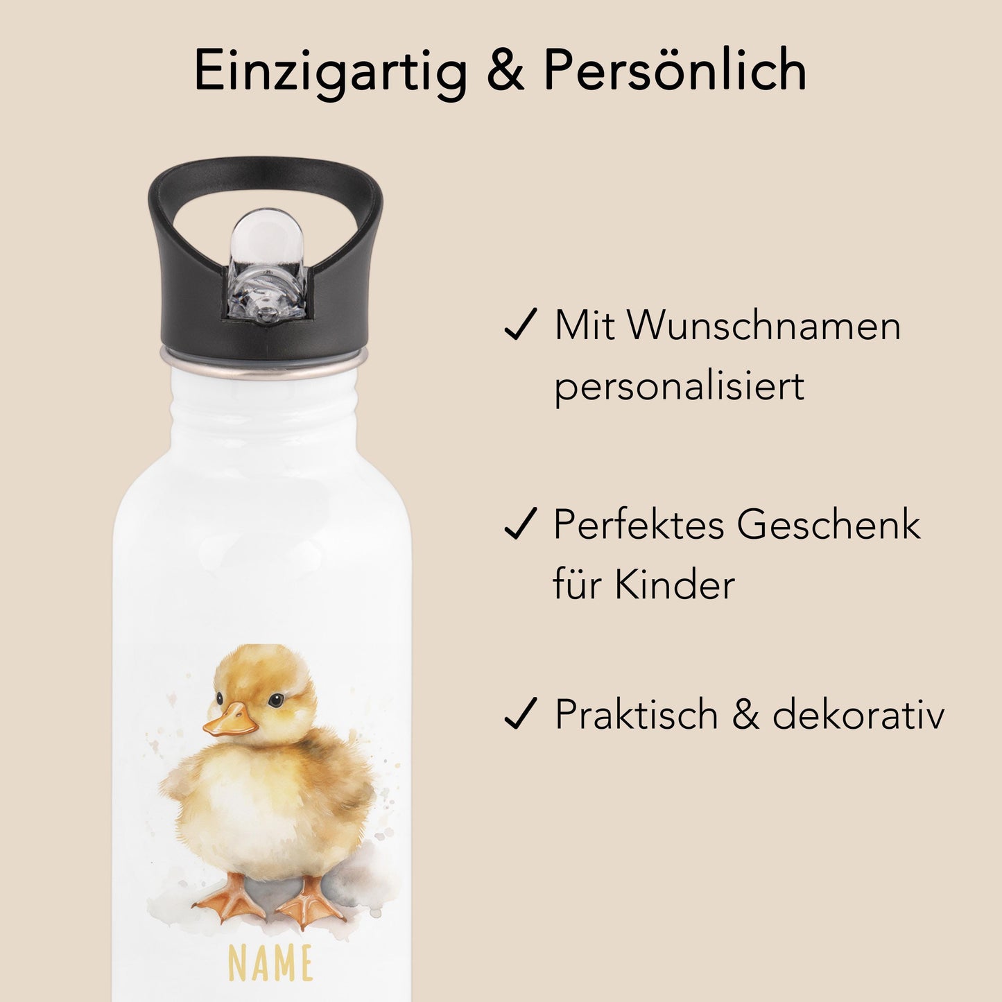 Trinkflasche Kinder personalisiert mit Namen Ente Edelstahl Flasche mit Strohhalm Wasserflasche für Schule Kindergarten 600 ml