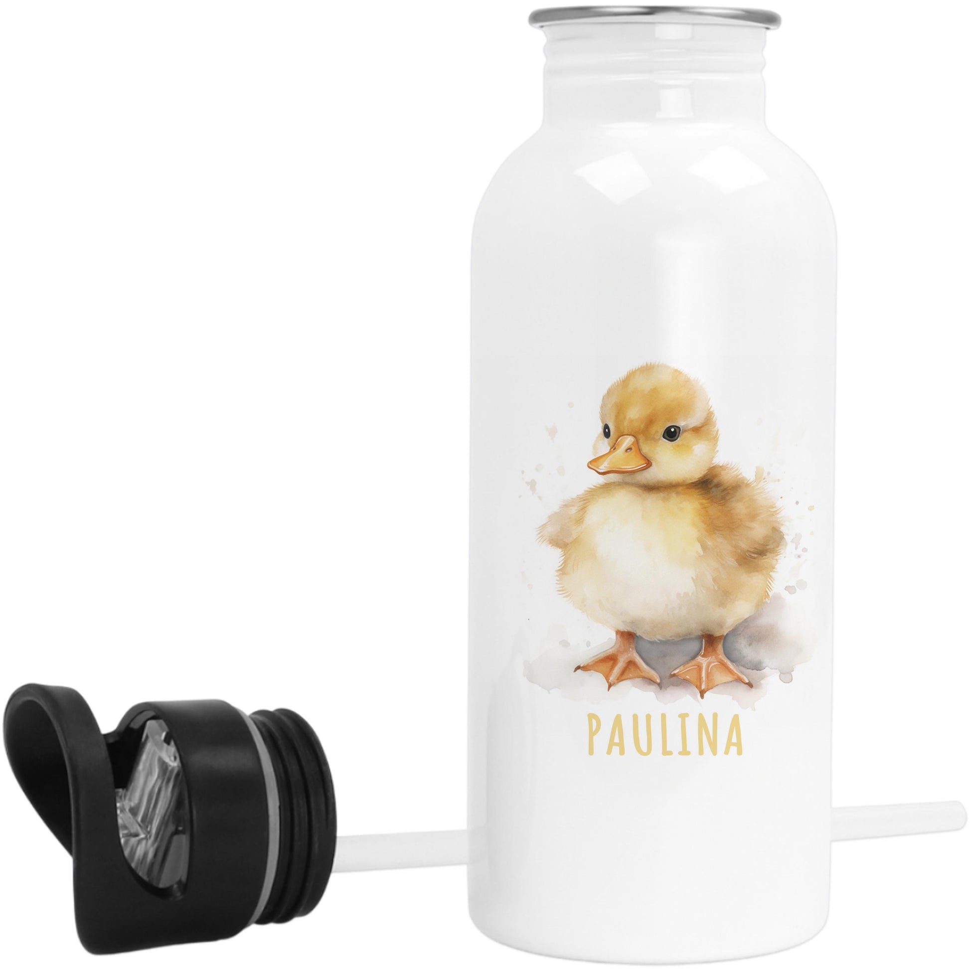 Trinkflasche Kinder personalisiert mit Namen Ente Edelstahl Flasche mit Strohhalm Wasserflasche für Schule Kindergarten 600 ml