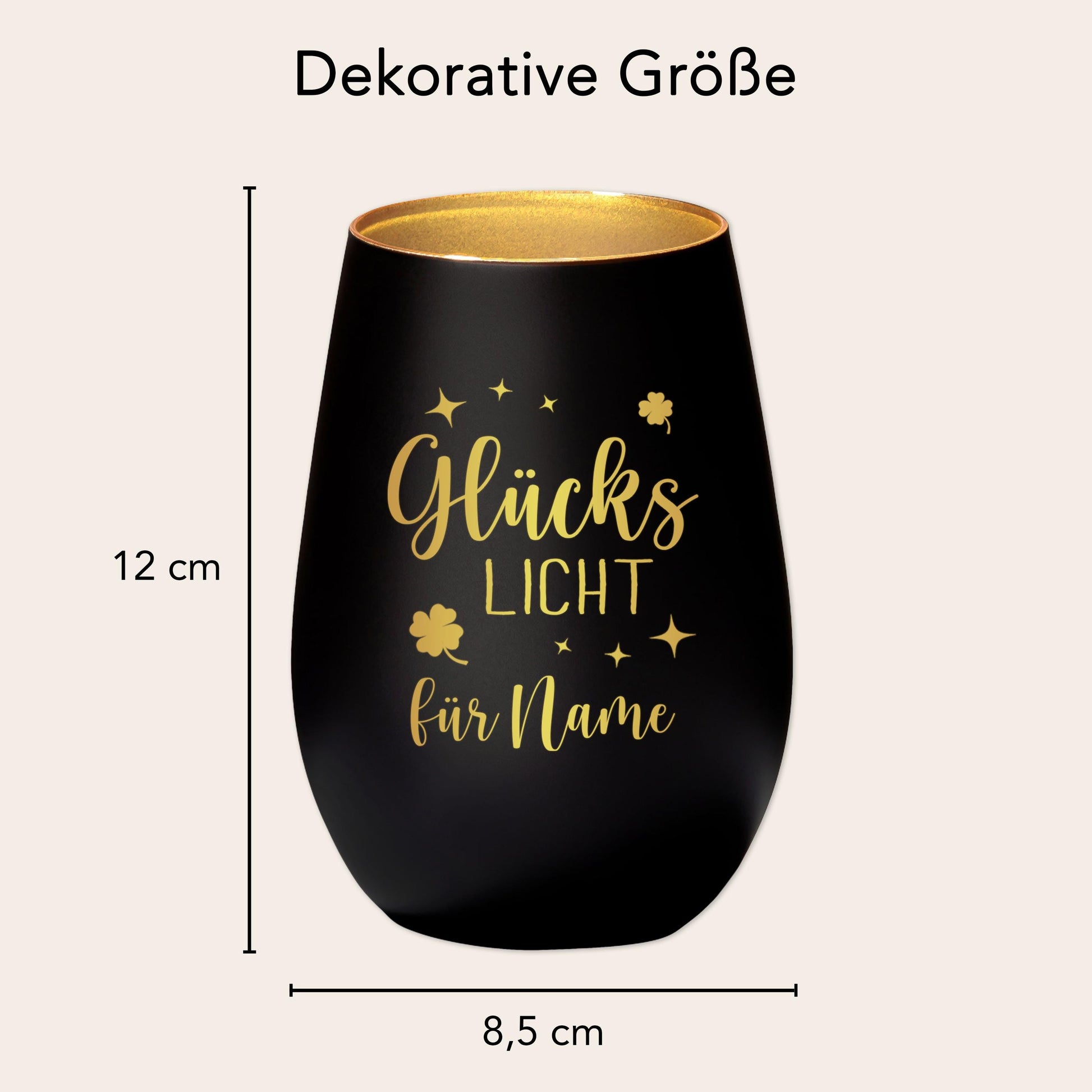 Glückslicht personalisiert Windlicht Glas mit Gravur für Teelicht Kerzenglas Glückskerze Glücksbringer Geschenk (Schwarz)