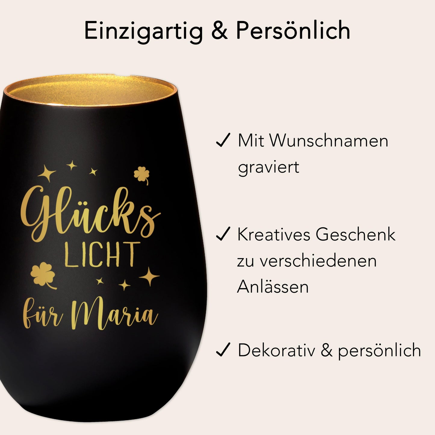Glückslicht personalisiert Windlicht Glas mit Gravur für Teelicht Kerzenglas Glückskerze Glücksbringer Geschenk (Schwarz)