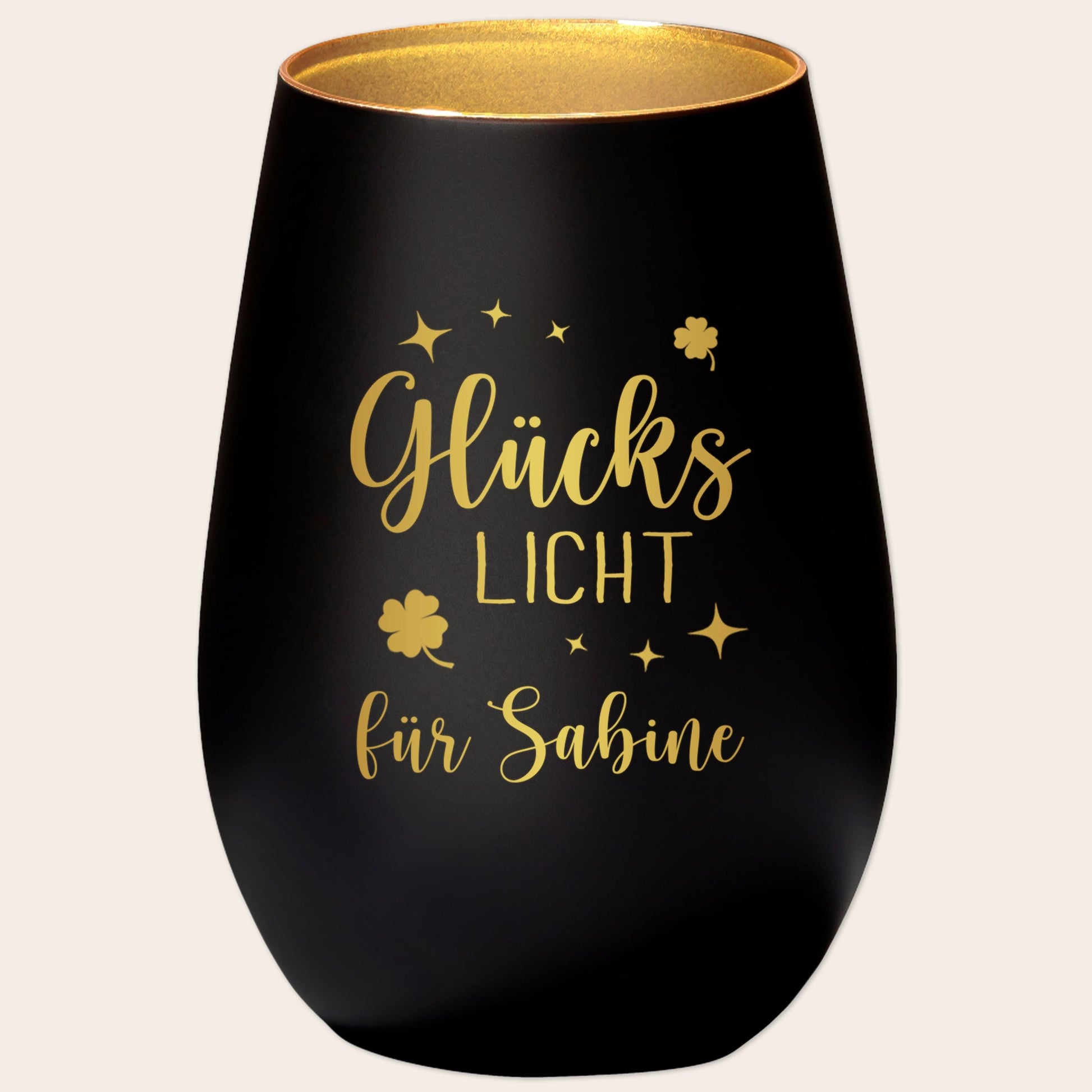 Glückslicht personalisiert Windlicht Glas mit Gravur für Teelicht Kerzenglas Glückskerze Glücksbringer Geschenk (Schwarz)