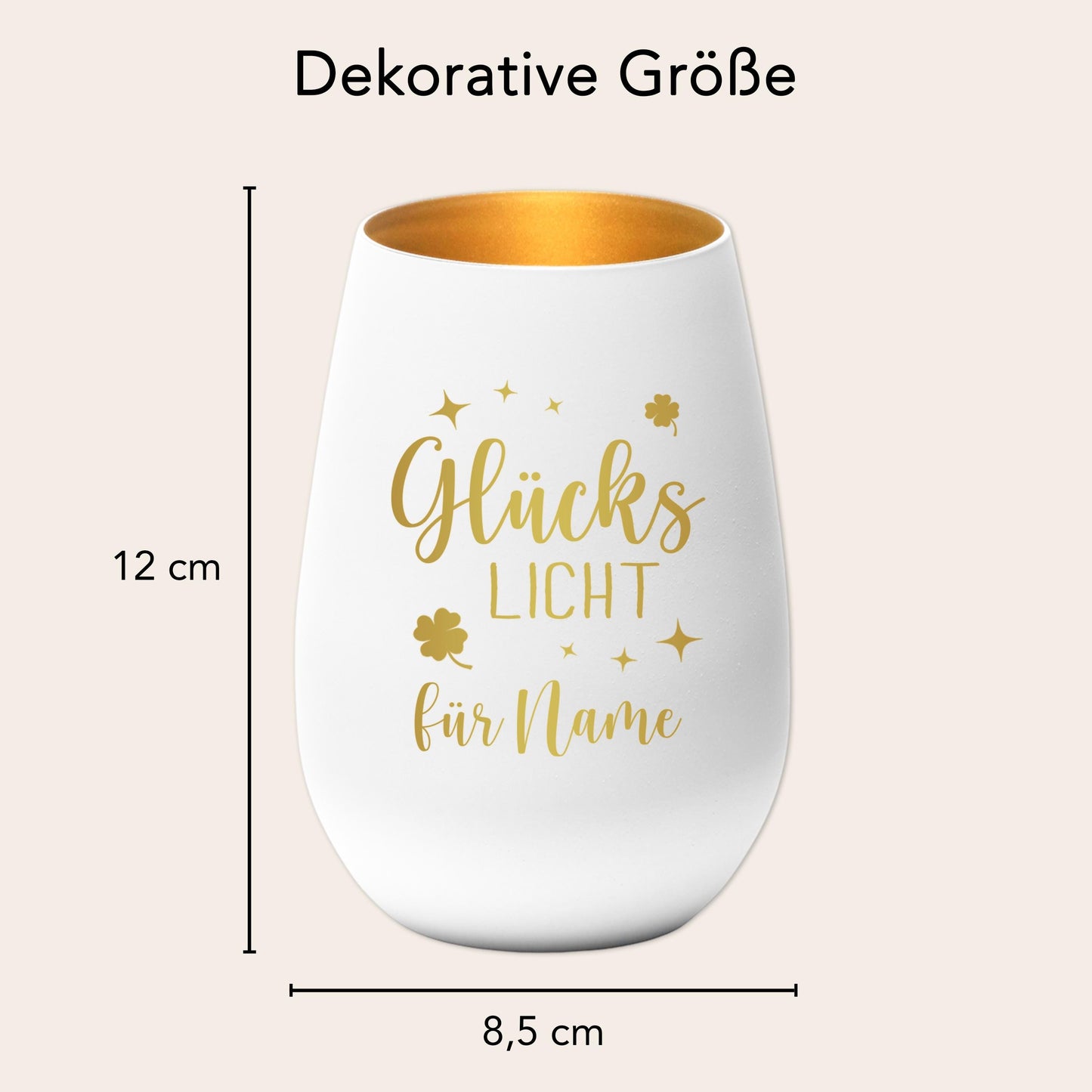 Glückslicht personalisiert Windlicht Glas mit Gravur für Teelicht Kerzenglas Glückskerze Glücksbringer Geschenk (Weiß)
