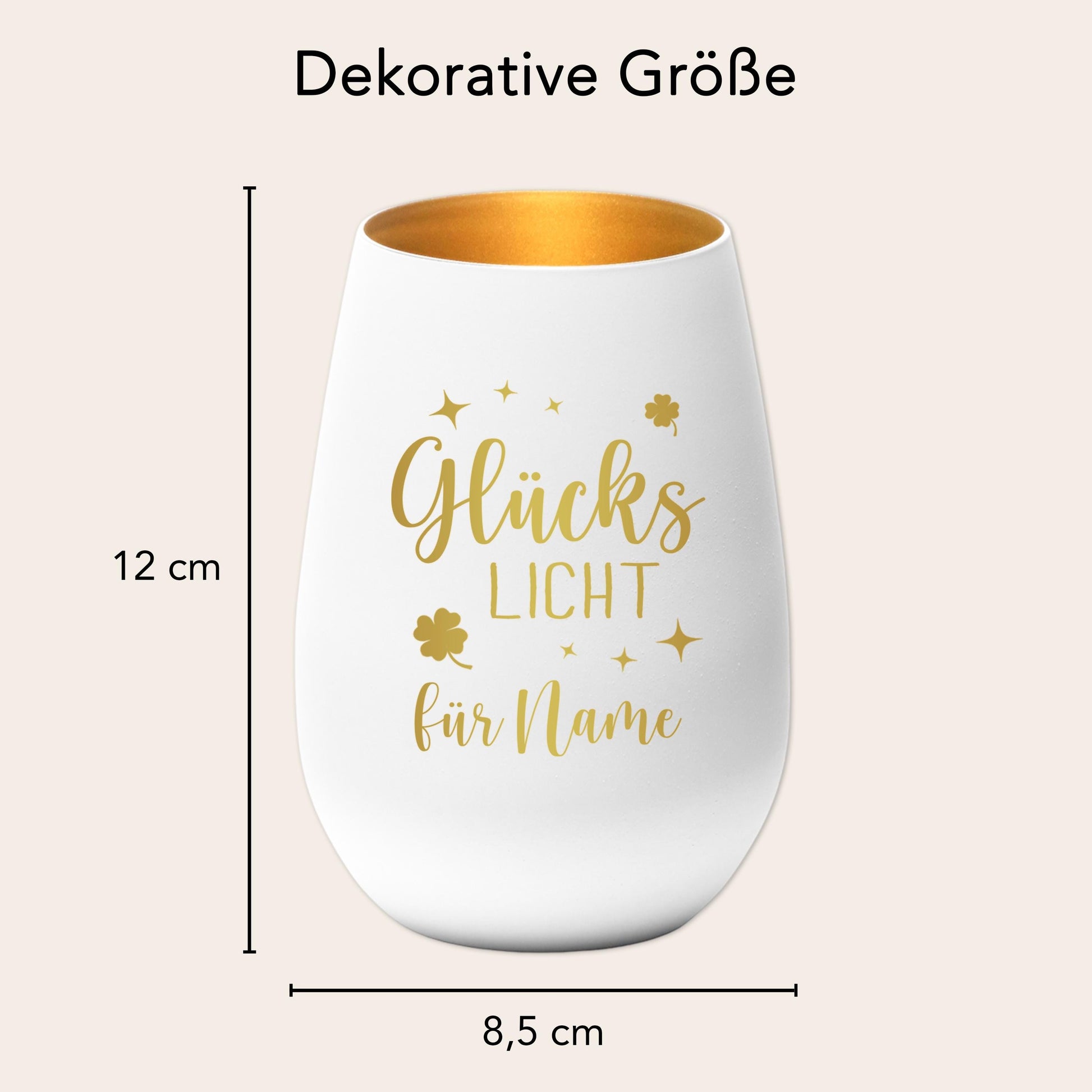 Glückslicht personalisiert Windlicht Glas mit Gravur für Teelicht Kerzenglas Glückskerze Glücksbringer Geschenk (Weiß)
