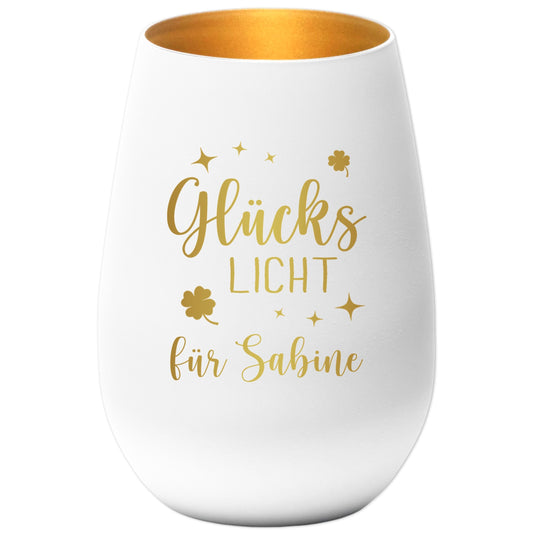 Glückslicht personalisiert Windlicht Glas mit Gravur für Teelicht Kerzenglas Glückskerze Glücksbringer Geschenk (Weiß)