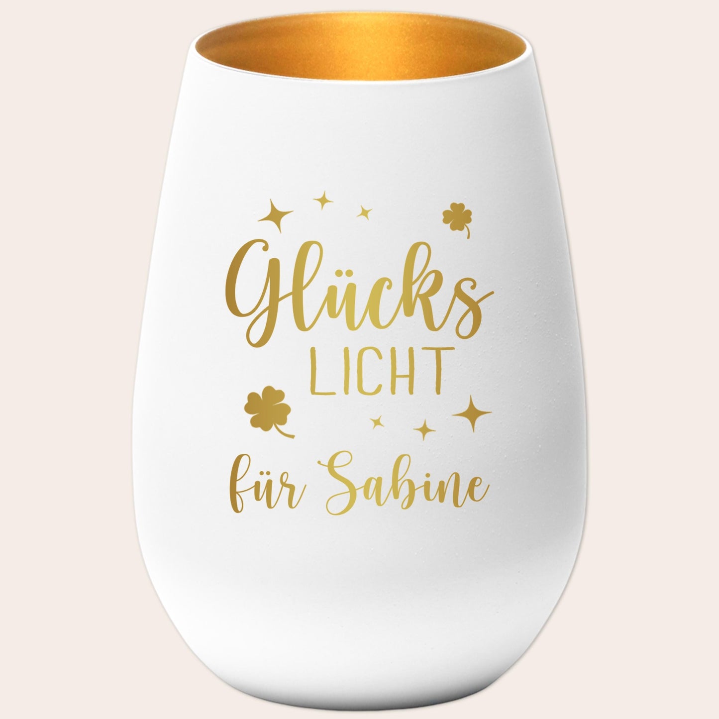 Glückslicht personalisiert Windlicht Glas mit Gravur für Teelicht Kerzenglas Glückskerze Glücksbringer Geschenk (Weiß)