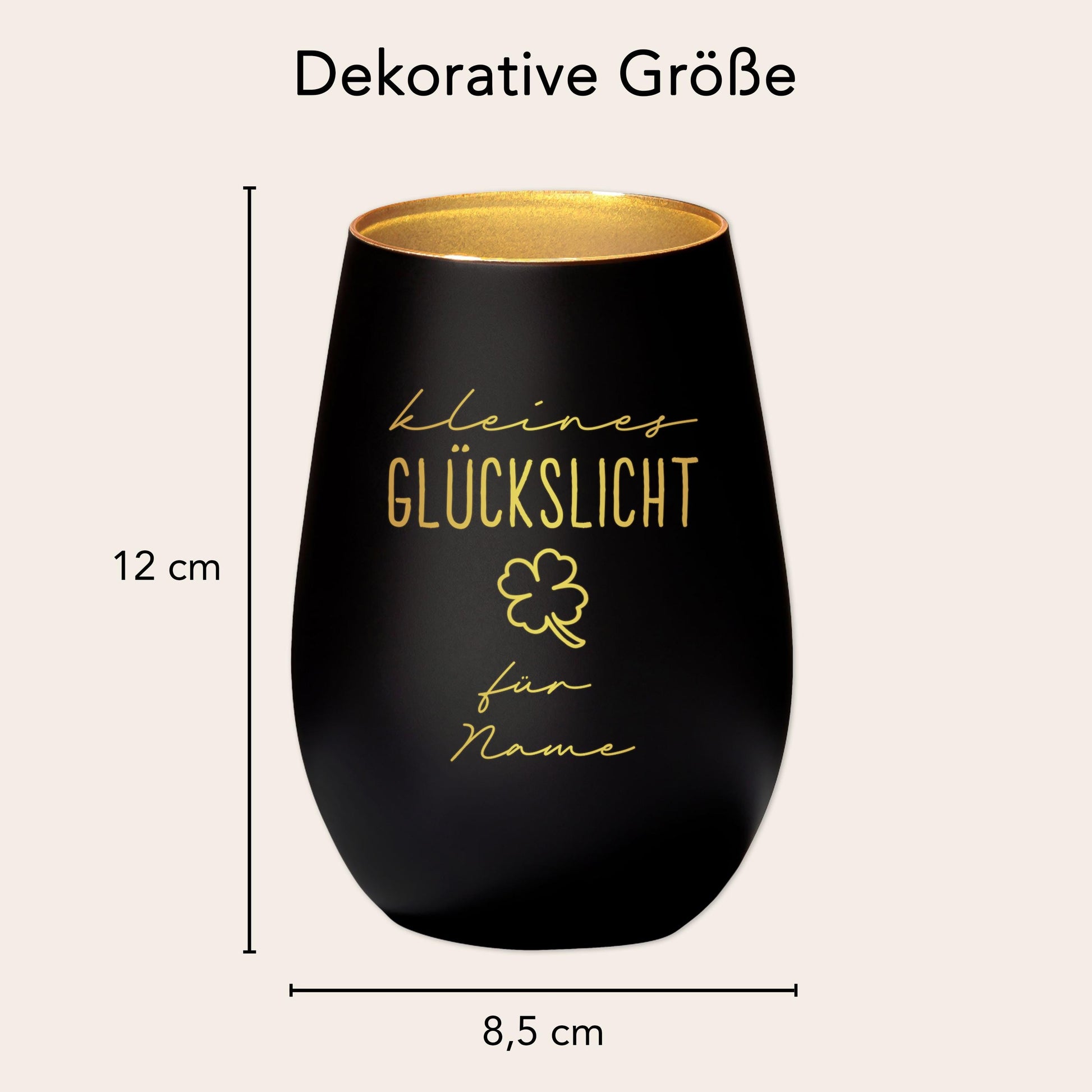 Glückslicht personalisiert Windlicht Glas mit Gravur für Teelicht Kerzenglas Glückskerze Glücksbringer Geschenk (Schwarz)