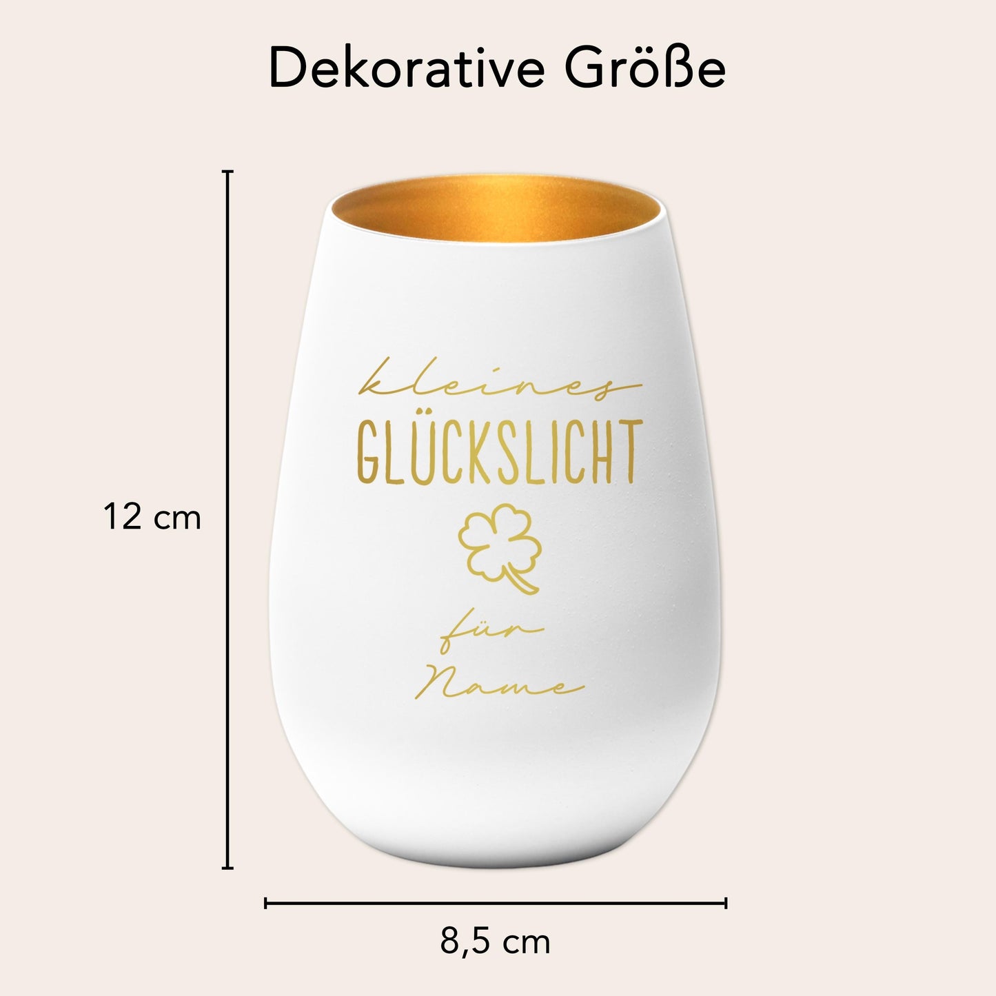Glückslicht personalisiert Windlicht Glas mit Gravur für Teelicht Kerzenglas Glückskerze Glücksbringer Geschenk (Weiß)