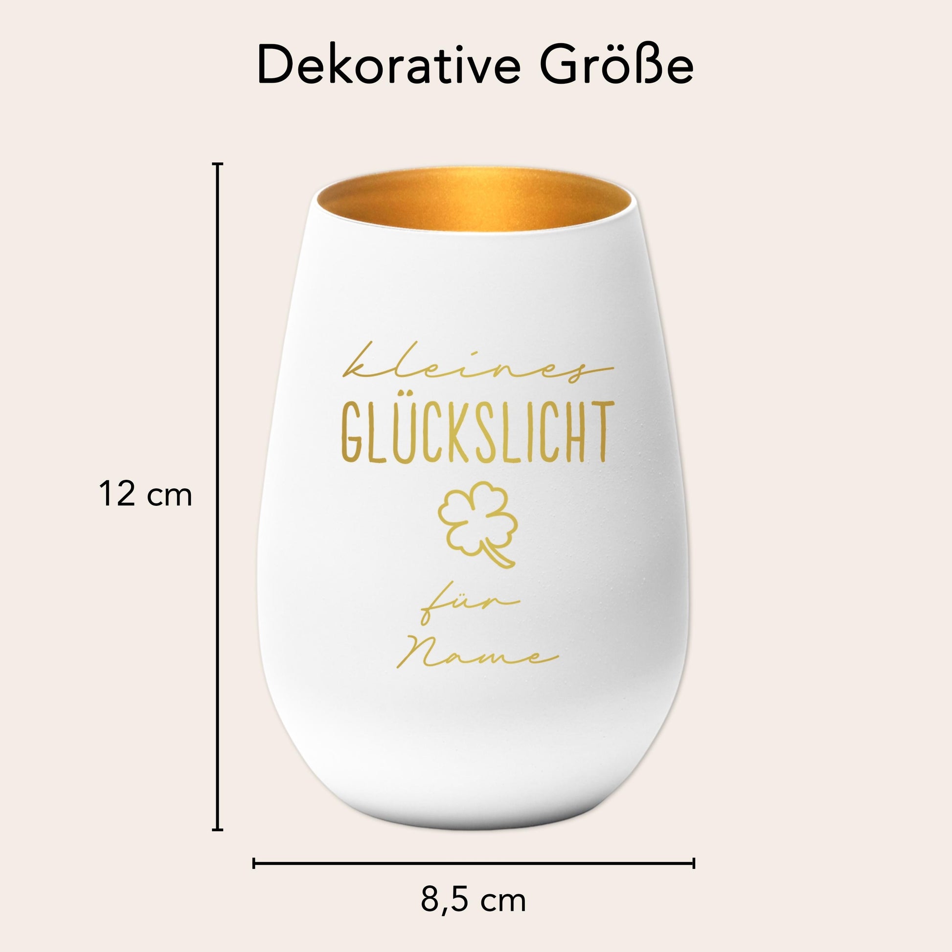 Glückslicht personalisiert Windlicht Glas mit Gravur für Teelicht Kerzenglas Glückskerze Glücksbringer Geschenk (Weiß)