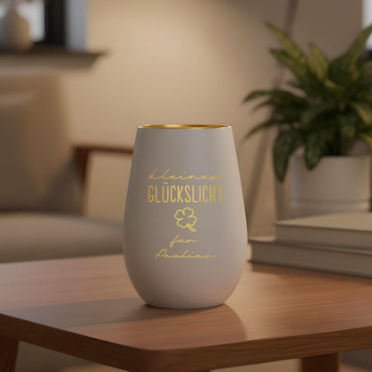 Glückslicht personalisiert Windlicht Glas mit Gravur für Teelicht Kerzenglas Glückskerze Glücksbringer Geschenk (Weiß)