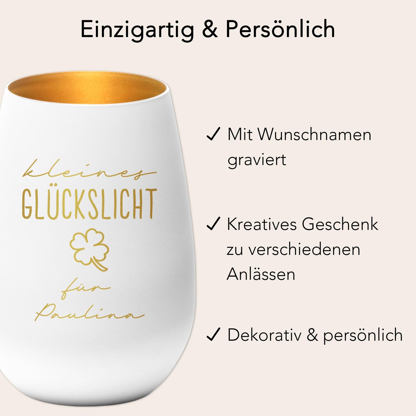 Glückslicht personalisiert Windlicht Glas mit Gravur für Teelicht Kerzenglas Glückskerze Glücksbringer Geschenk (Weiß)
