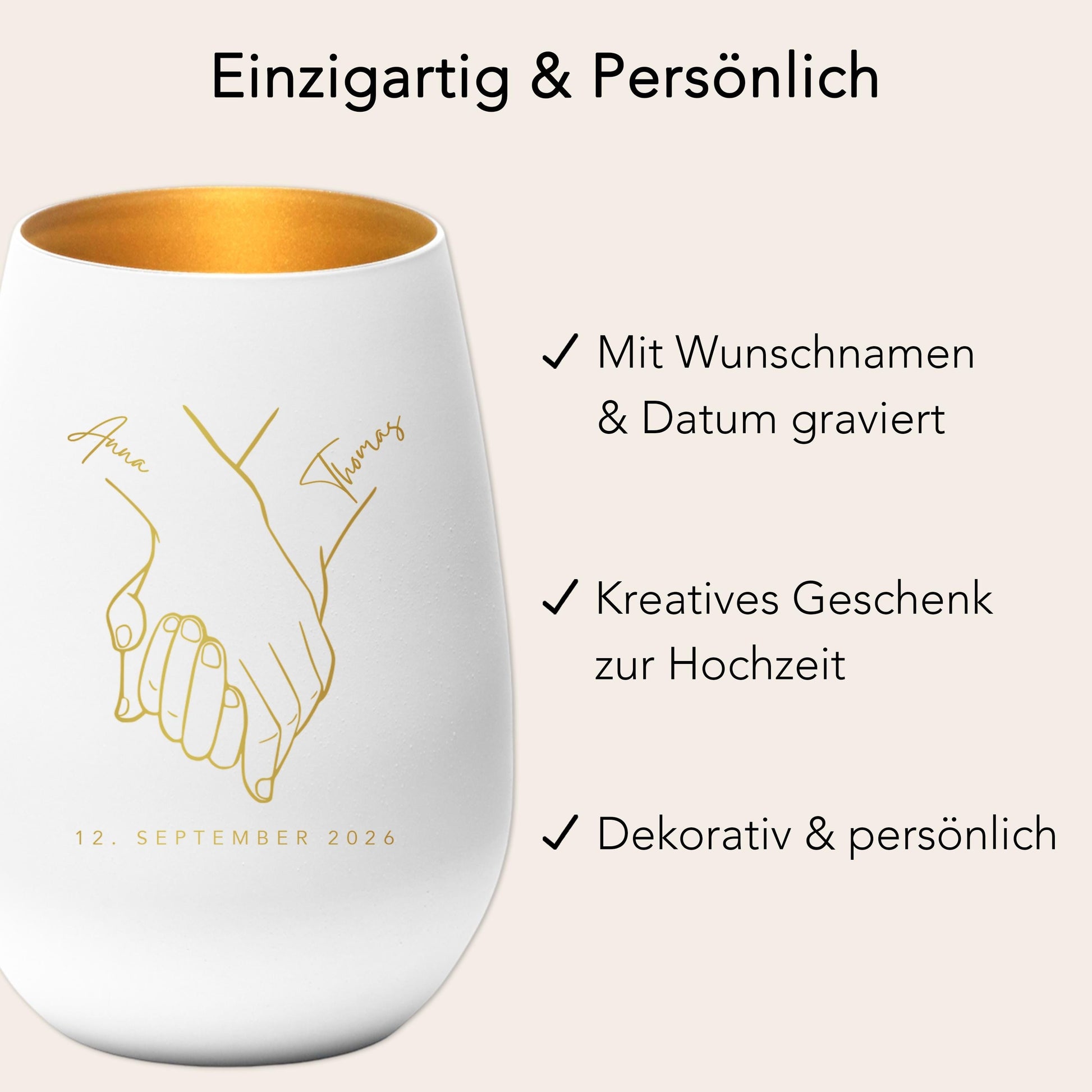 Hochzeitsgeschenk für Brautpaar personalisiert Windlicht Glas mit Gravur für Hochzeit Geschenk Kleinigkeit (Weiß)