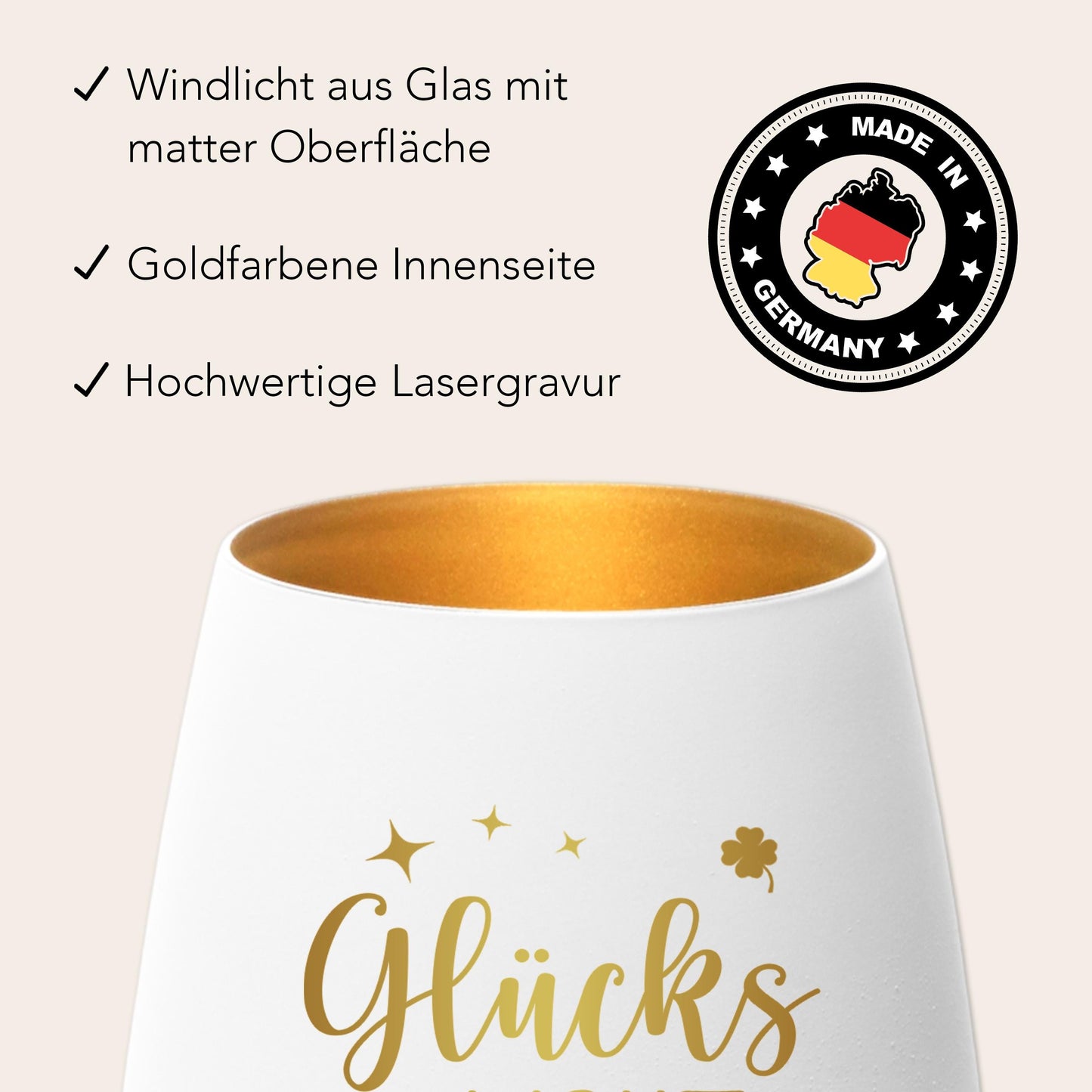 Glückslicht personalisiert Windlicht Glas mit Gravur für Teelicht Kerzenglas Glückskerze Glücksbringer Geschenk (Weiß)