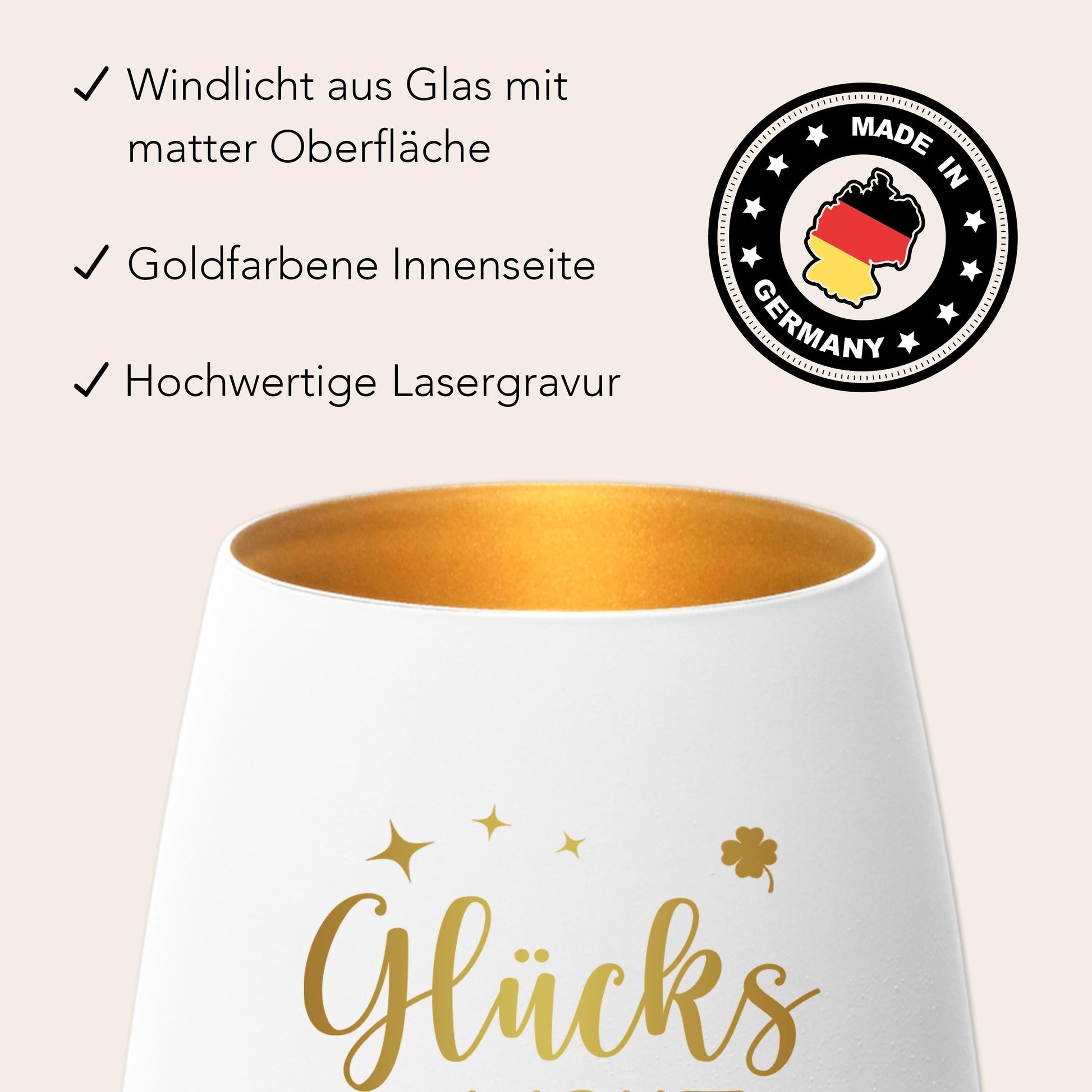 Glückslicht personalisiert Windlicht Glas mit Gravur für Teelicht Kerzenglas Glückskerze Glücksbringer Geschenk (Weiß)