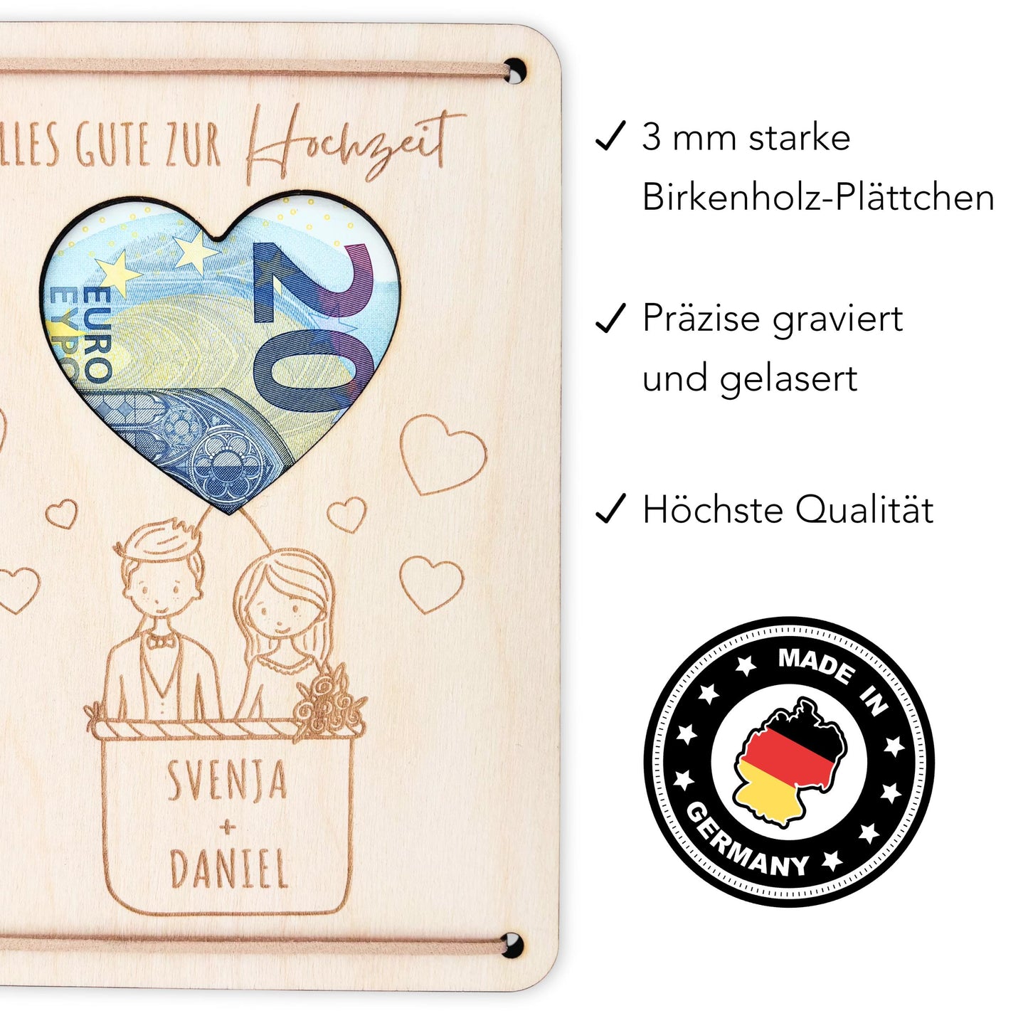 Hochzeitsgeschenk Geld Brautppar personalisiertes Geldgeschenk Hochzeit Hochzeitsgeschenk Geschenk Hochzeitskarte aus Holz 12x17 cm