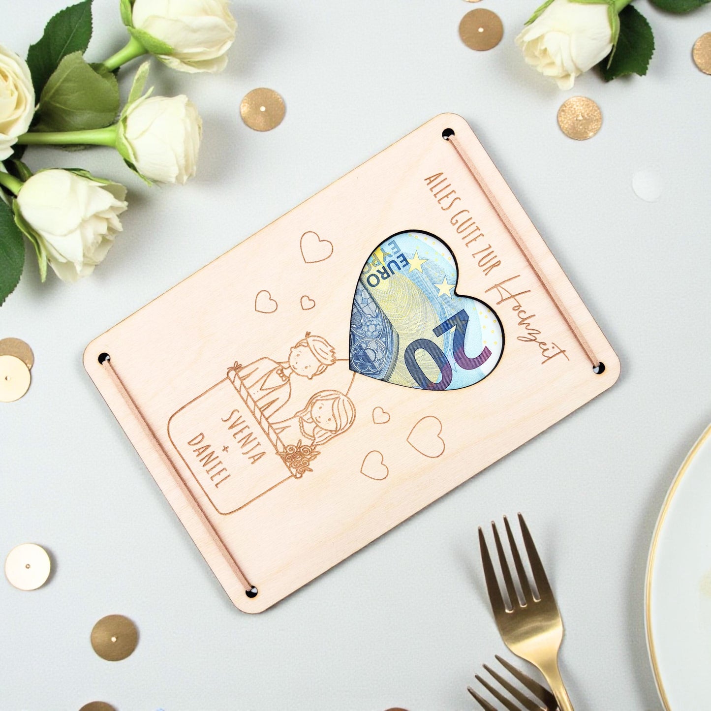 Hochzeitsgeschenk Geld Brautppar personalisiertes Geldgeschenk Hochzeit Hochzeitsgeschenk Geschenk Hochzeitskarte aus Holz 12x17 cm