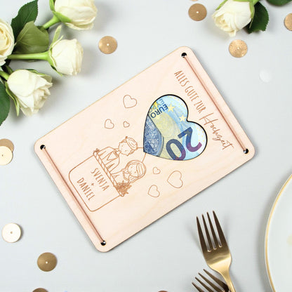 Hochzeitsgeschenk Geld Brautppar personalisiertes Geldgeschenk Hochzeit Hochzeitsgeschenk Geschenk Hochzeitskarte aus Holz 12x17 cm