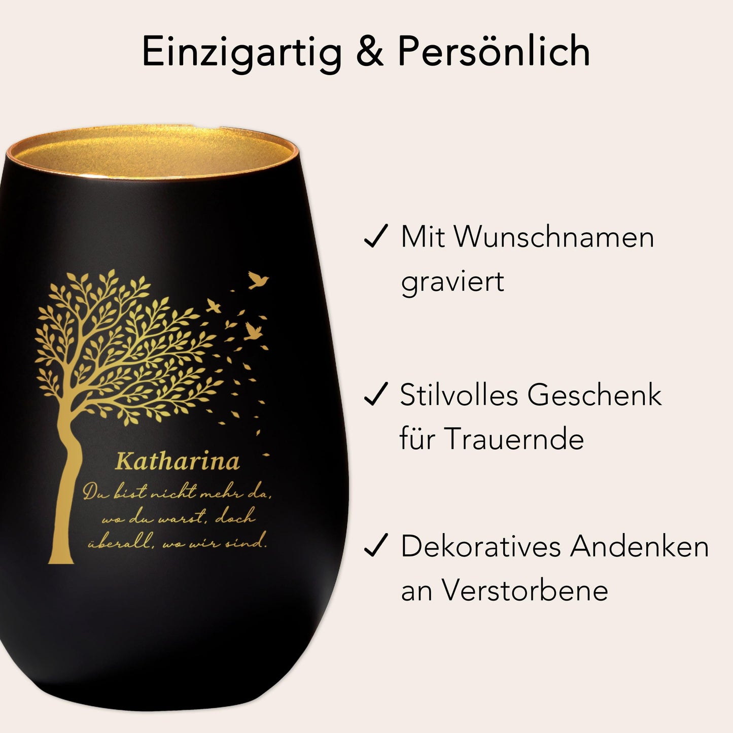 Trauerlicht Trauerkerze personalisiert Windlicht mit Gravur aus Glas Trauer Geschenk Trauergeschenk Verstorbene Erinnerung (Schwarz)
