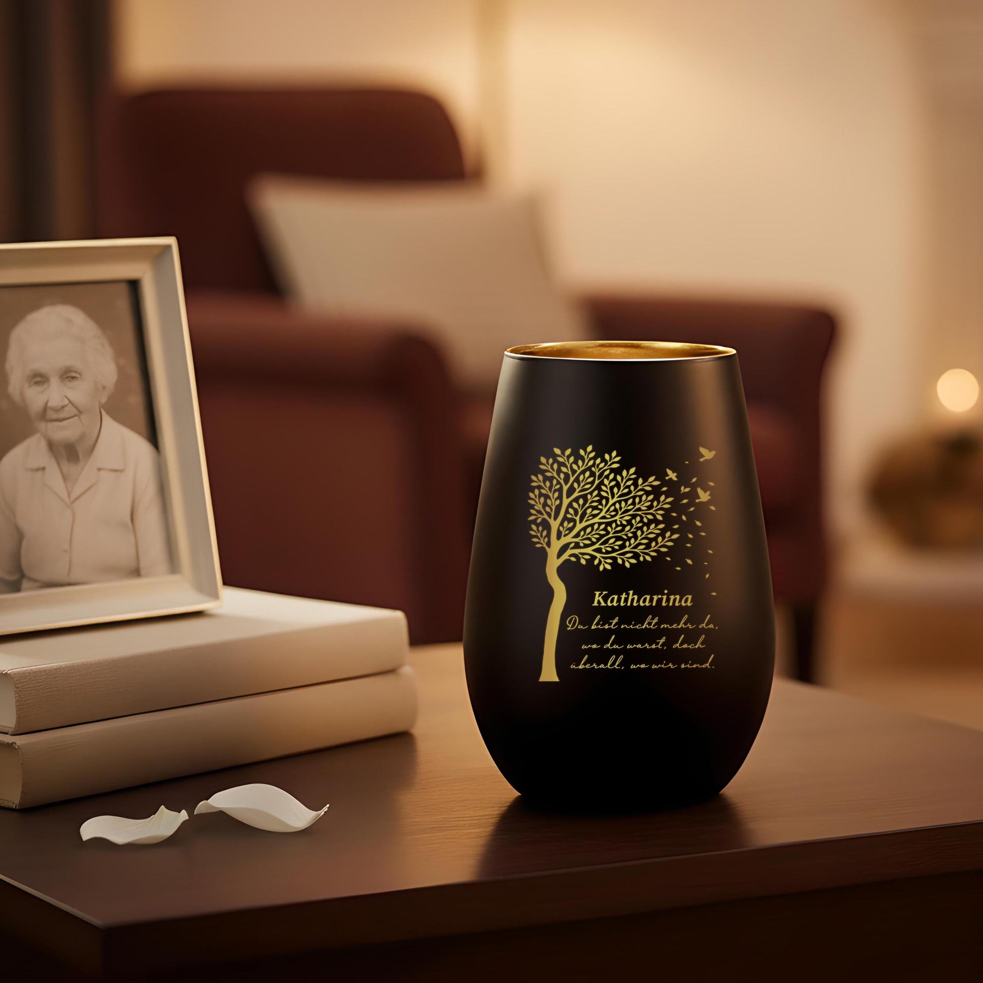 Trauerlicht Trauerkerze personalisiert Windlicht mit Gravur aus Glas Trauer Geschenk Trauergeschenk Verstorbene Erinnerung (Schwarz)
