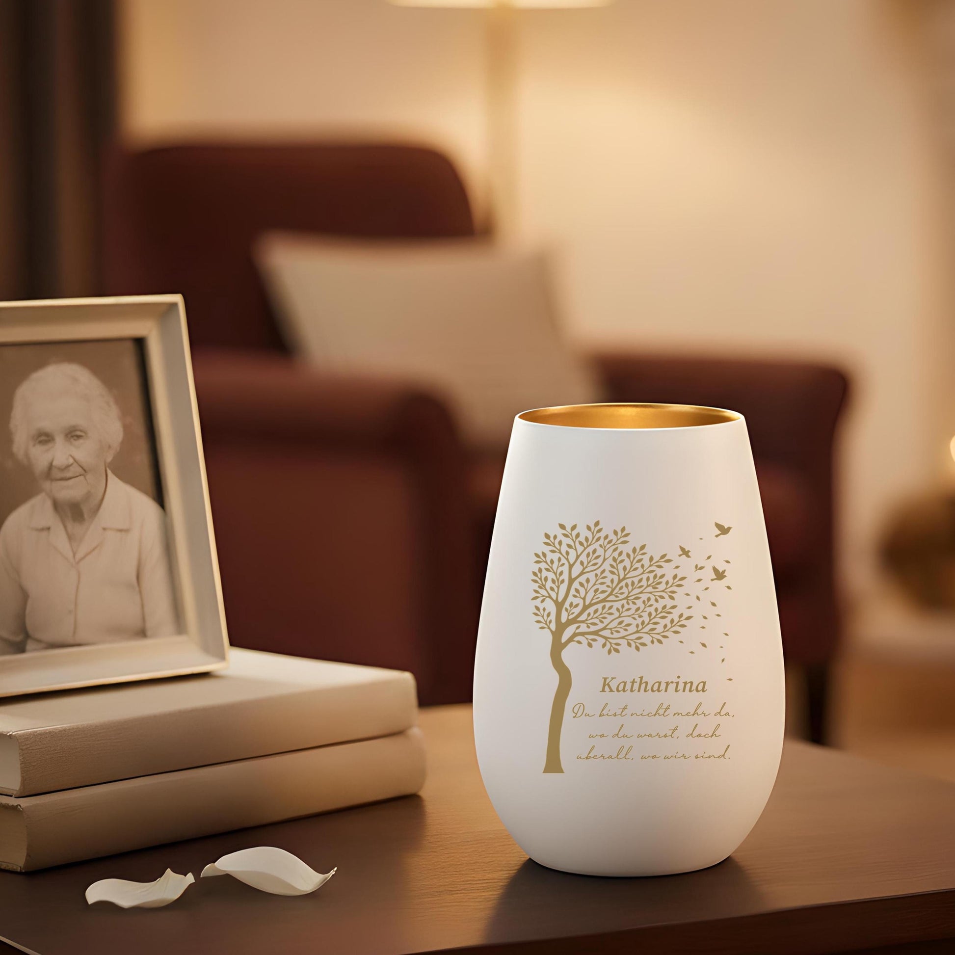 Trauerlicht Trauerkerze personalisiert Windlicht mit Gravur aus Glas Trauer Geschenk Trauergeschenk Verstorbene Erinnerung (Weiß)
