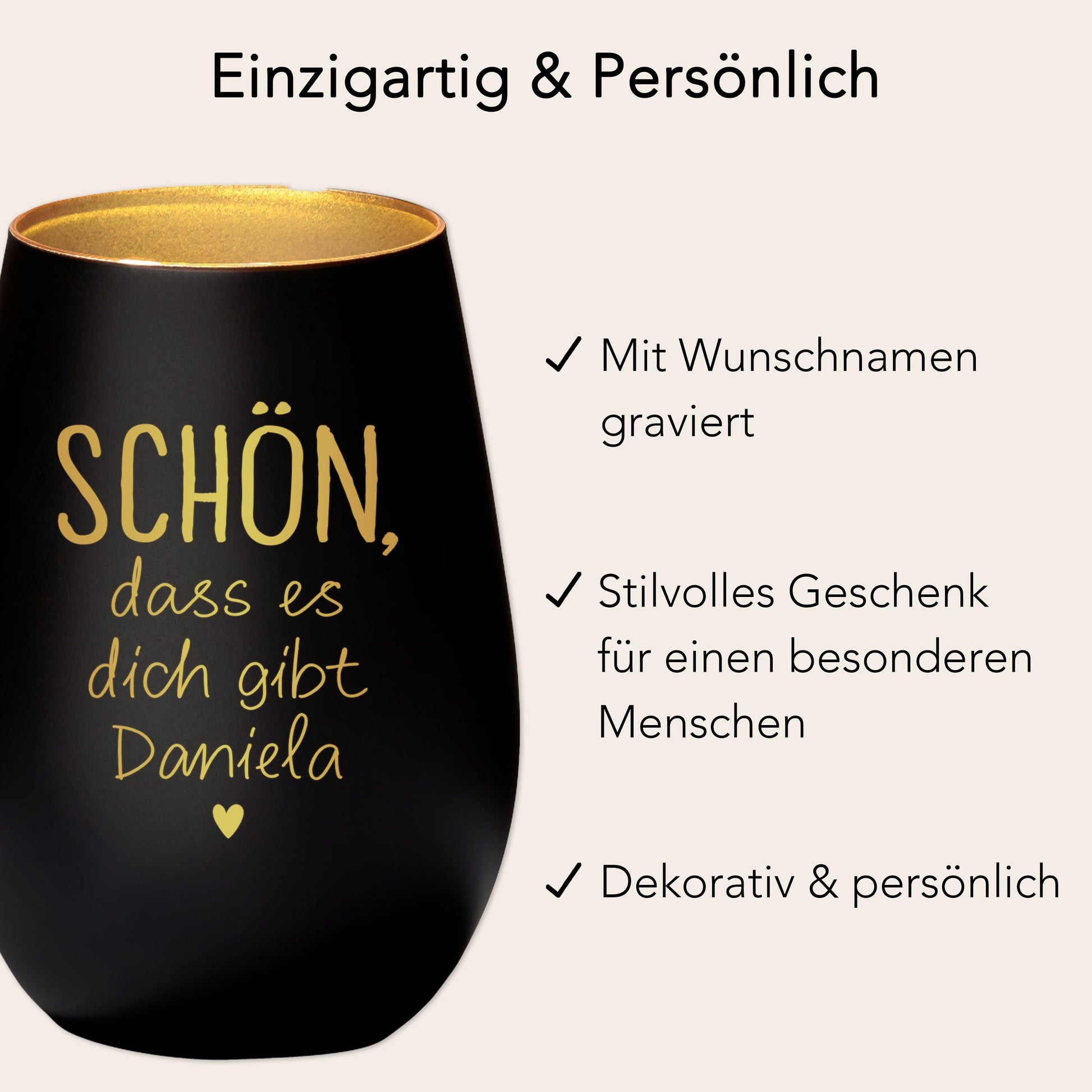 Schön dass es Dich gibt Geschenk Freundin Windlicht personalisiert Teelicht Kerzenglas mit Gravur (Schwarz)