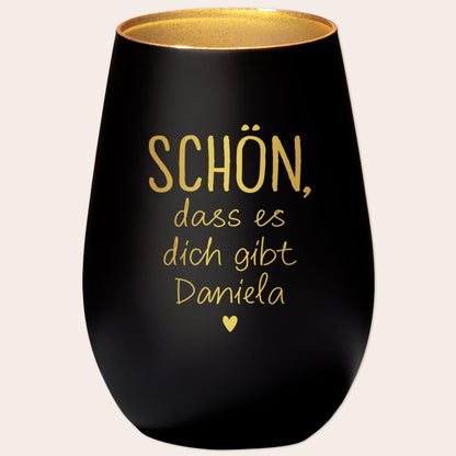Schön dass es Dich gibt Geschenk Freundin Windlicht personalisiert Teelicht Kerzenglas mit Gravur (Schwarz)