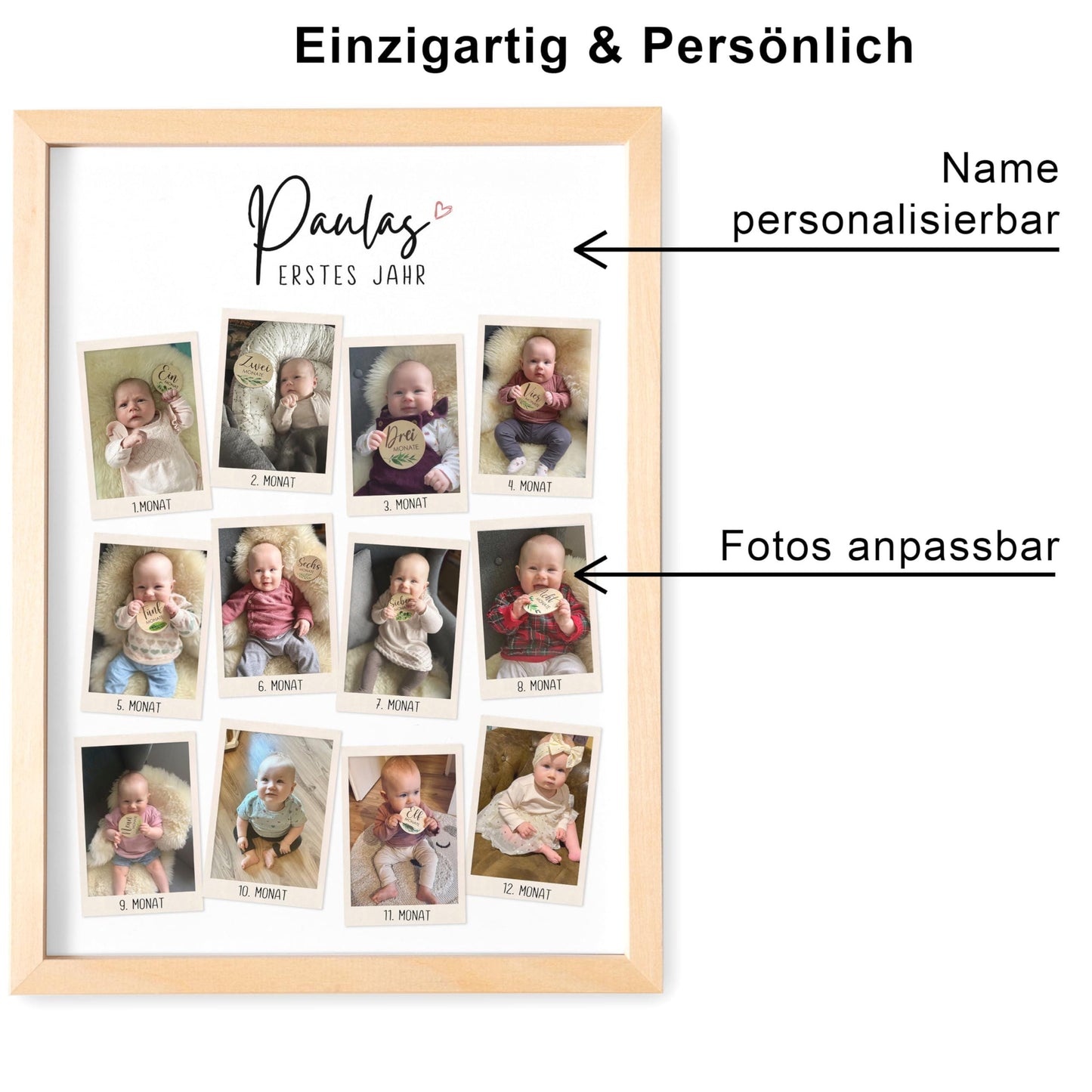 Mein erstes Jahr Bild 12 Monate Baby personalisiertes Geschenk 1. Geburtstag Mädchen Junge Meilenstein Erinnerung (mit oder ohne Rahmen)
