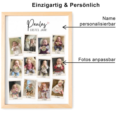 Mein erstes Jahr Bild 12 Monate Baby personalisiertes Geschenk 1. Geburtstag Mädchen Junge Meilenstein Erinnerung (mit oder ohne Rahmen)