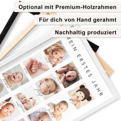 Mein erstes Jahr Bild 12 Monate Baby personalisiertes Geschenk 1. Geburtstag Mädchen Junge Meilenstein Erinnerung (mit oder ohne Rahmen)
