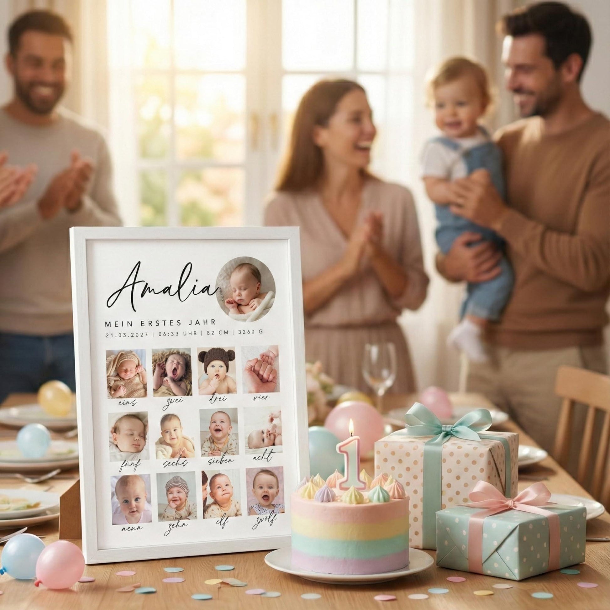 Mein erstes Jahr Bild 12 Monate Baby personalisiertes Geschenk 1. Geburtstag Mädchen Junge Meilenstein Erinnerung (mit oder ohne Rahmen)