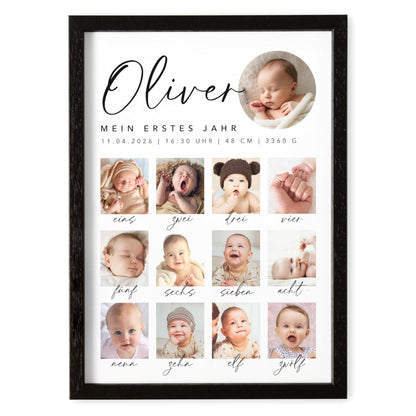 Mein erstes Jahr Bild 12 Monate Baby personalisiertes Geschenk 1. Geburtstag Mädchen Junge Meilenstein Erinnerung (mit oder ohne Rahmen)