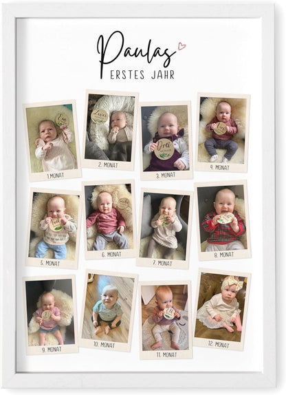 Mein erstes Jahr Bild 12 Monate Baby personalisiertes Geschenk 1. Geburtstag Mädchen Junge Meilenstein Erinnerung (mit oder ohne Rahmen)