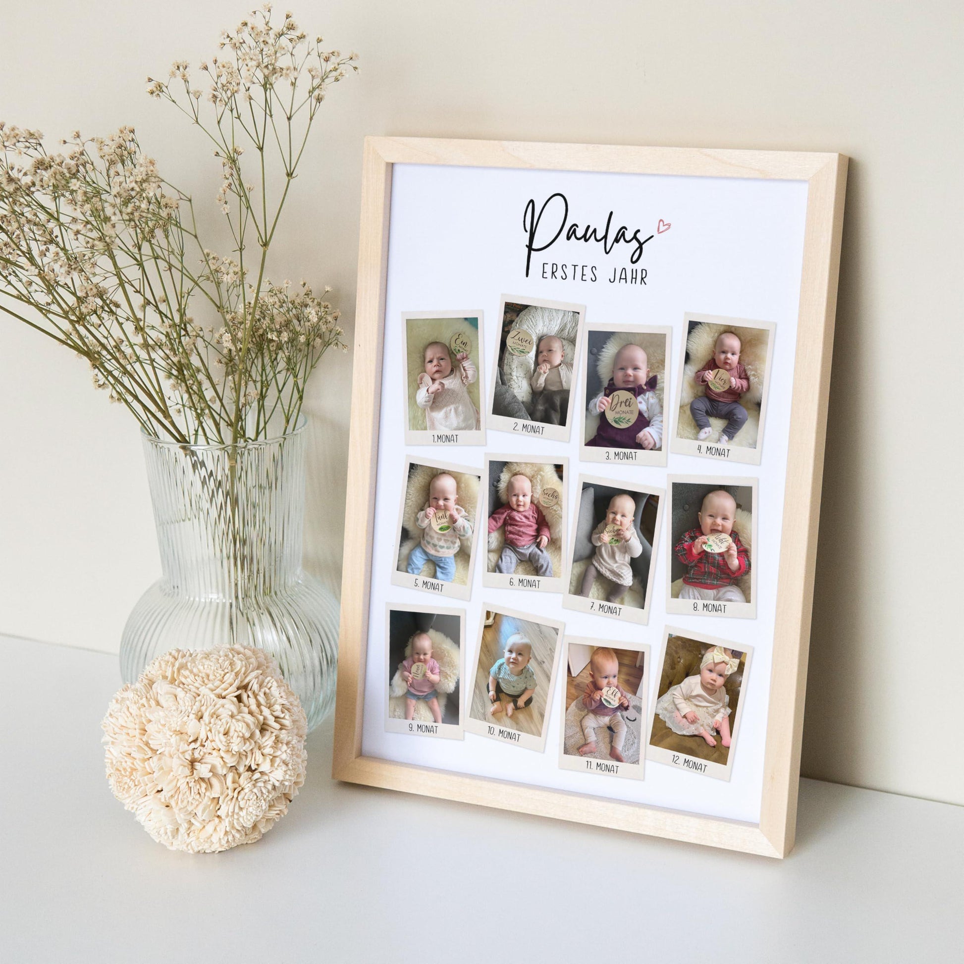 Mein erstes Jahr Bild 12 Monate Baby personalisiertes Geschenk 1. Geburtstag Mädchen Junge Meilenstein Erinnerung (mit oder ohne Rahmen)