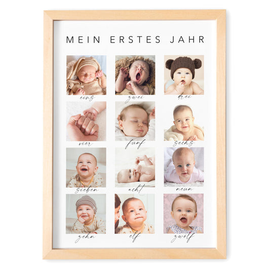 Mein erstes Jahr Bild 12 Monate Baby personalisiertes Geschenk 1. Geburtstag Mädchen Junge Meilenstein Erinnerung (mit oder ohne Rahmen)