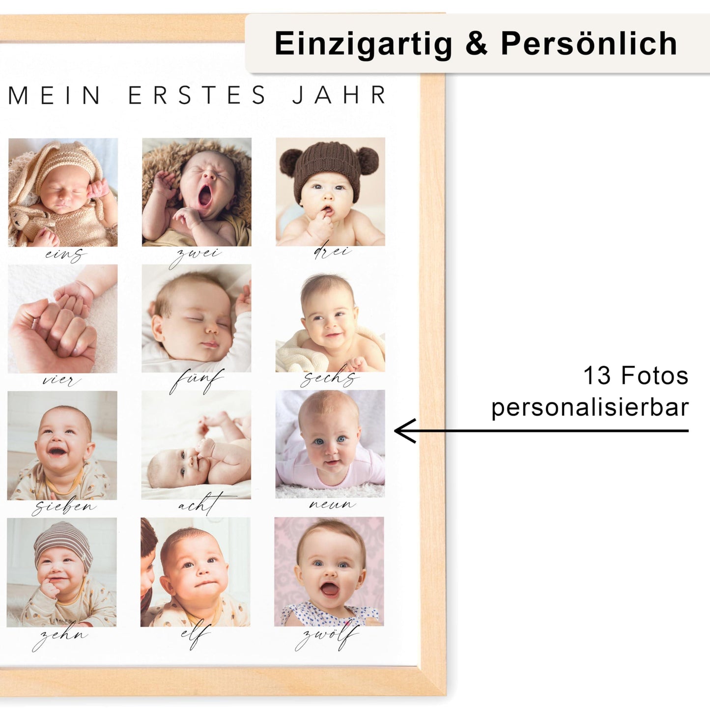 Mein erstes Jahr Bild 12 Monate Baby personalisiertes Geschenk 1. Geburtstag Mädchen Junge Meilenstein Erinnerung (mit oder ohne Rahmen)