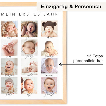Mein erstes Jahr Bild 12 Monate Baby personalisiertes Geschenk 1. Geburtstag Mädchen Junge Meilenstein Erinnerung (mit oder ohne Rahmen)