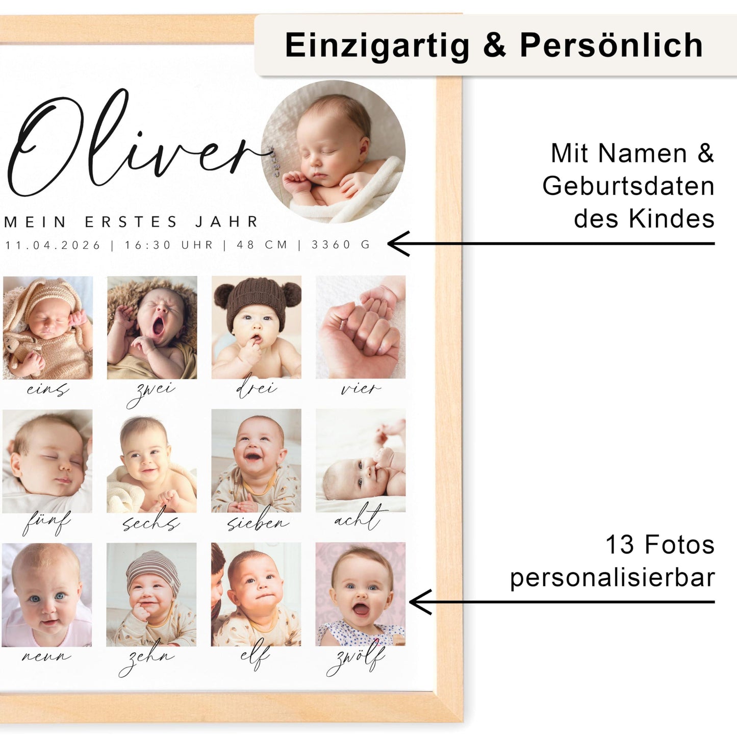 Mein erstes Jahr Bild 12 Monate Baby personalisiertes Geschenk 1. Geburtstag Mädchen Junge Meilenstein Erinnerung (mit oder ohne Rahmen)