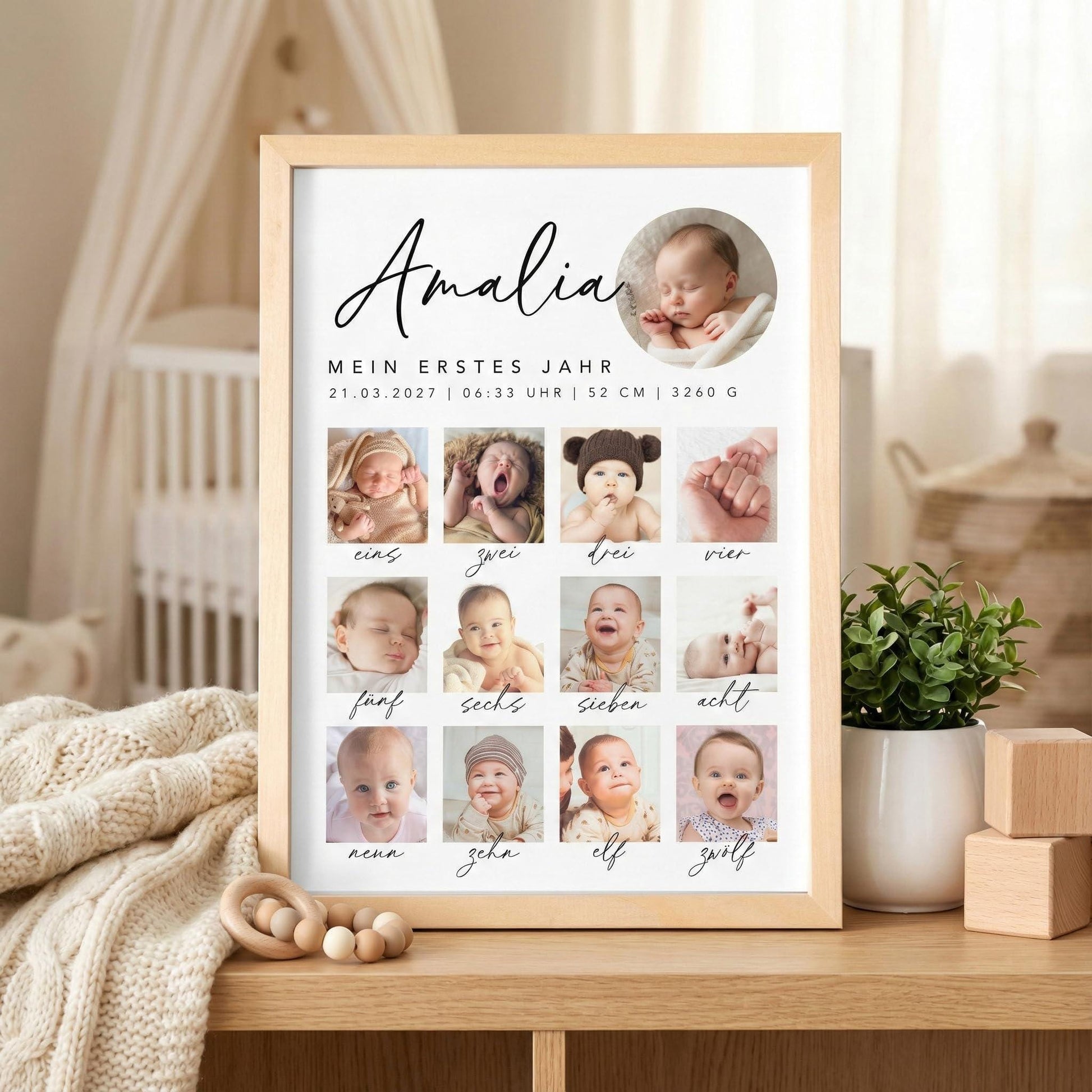 Mein erstes Jahr Bild 12 Monate Baby personalisiertes Geschenk 1. Geburtstag Mädchen Junge Meilenstein Erinnerung (mit oder ohne Rahmen)