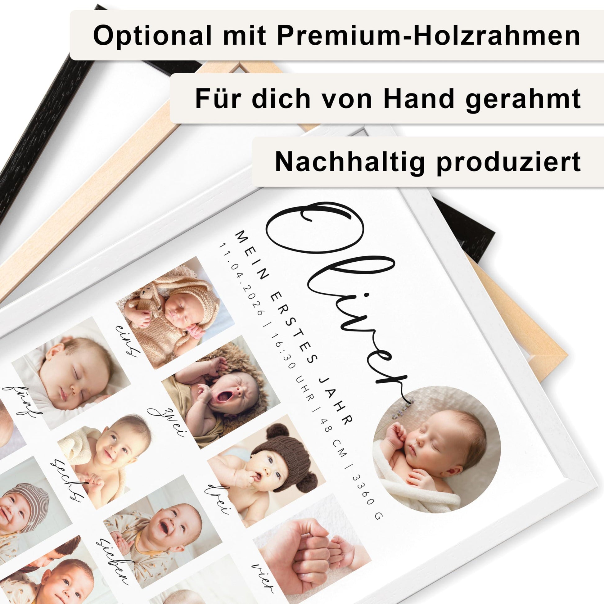 Mein erstes Jahr Bild 12 Monate Baby personalisiertes Geschenk 1. Geburtstag Mädchen Junge Meilenstein Erinnerung (mit oder ohne Rahmen)