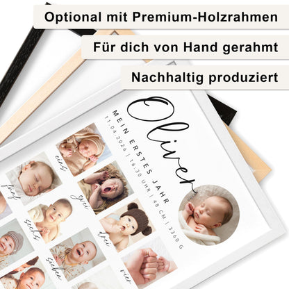 Mein erstes Jahr Bild 12 Monate Baby personalisiertes Geschenk 1. Geburtstag Mädchen Junge Meilenstein Erinnerung (mit oder ohne Rahmen)