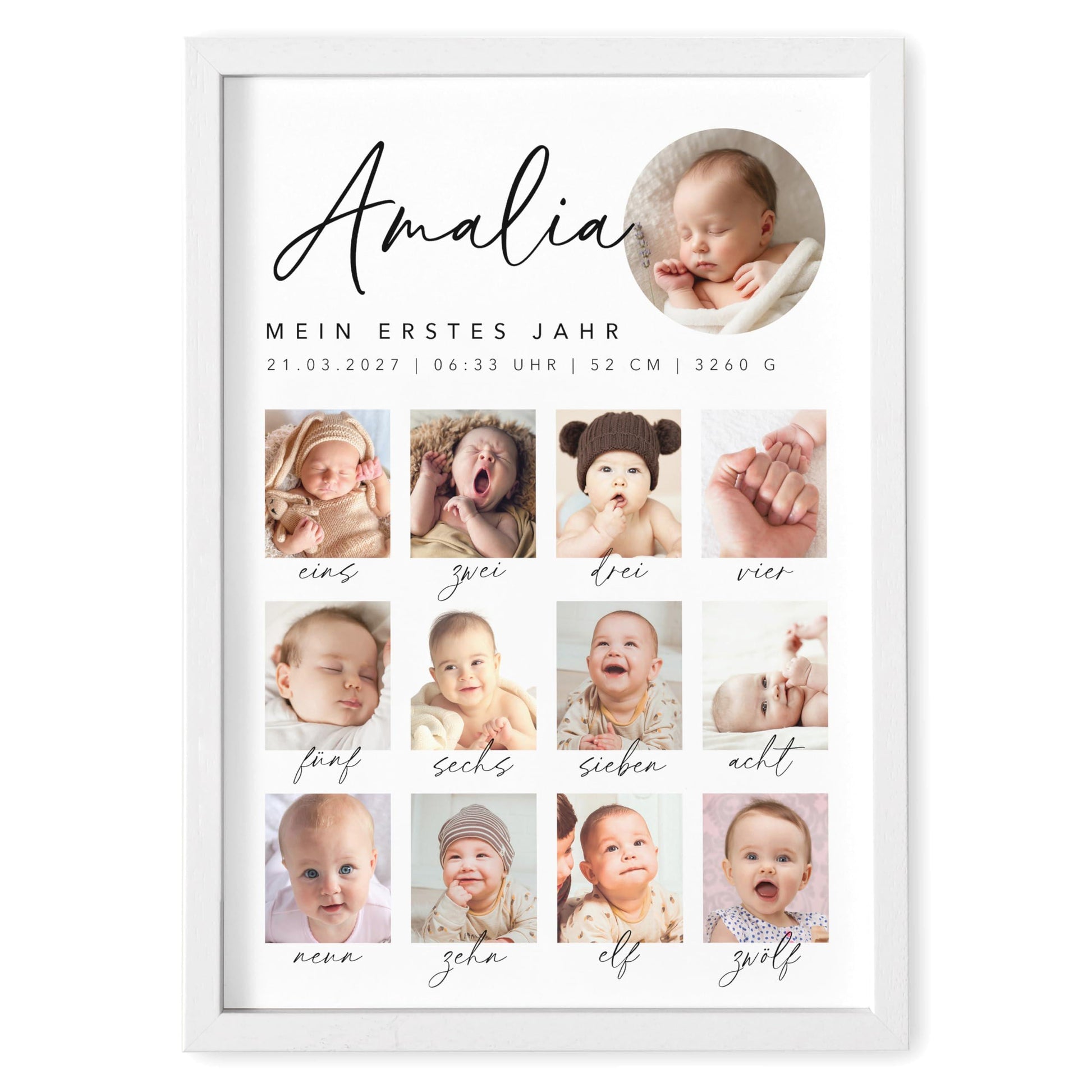 Mein erstes Jahr Bild 12 Monate Baby personalisiertes Geschenk 1. Geburtstag Mädchen Junge Meilenstein Erinnerung (mit oder ohne Rahmen)