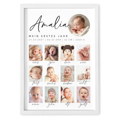 Mein erstes Jahr Bild 12 Monate Baby personalisiertes Geschenk 1. Geburtstag Mädchen Junge Meilenstein Erinnerung (mit oder ohne Rahmen)